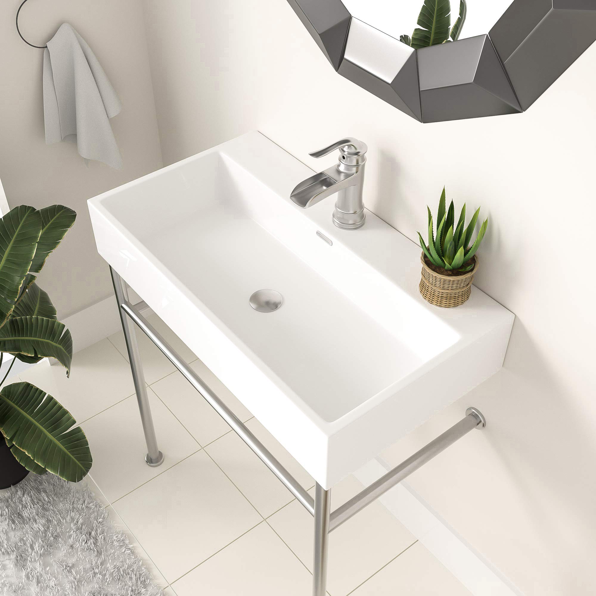 Buy Console Sink with Chrome Legs Logmey 30 Inch Ceramic Basin Glossy