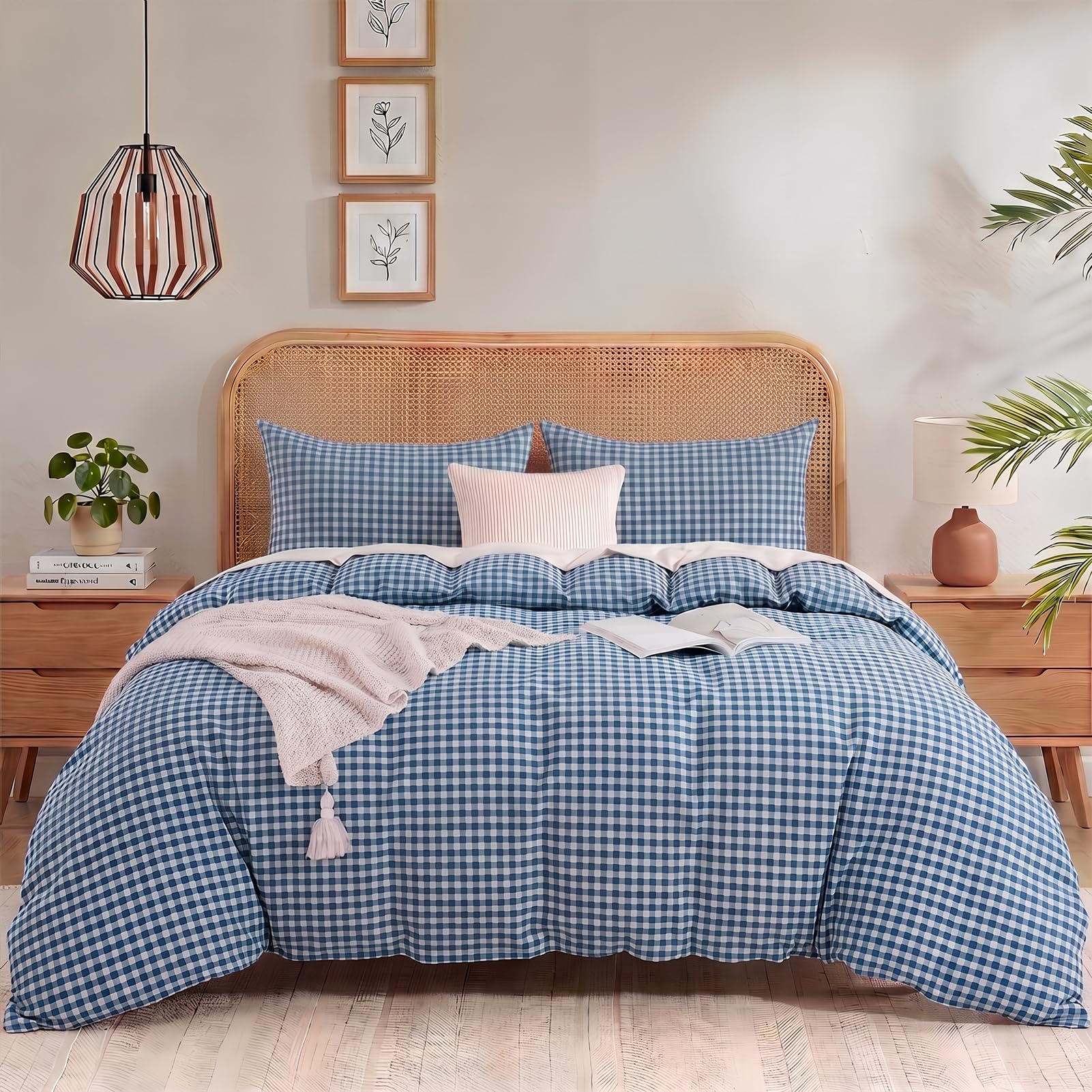 NEXHOME PRO Blue Gingham Duvet Cover Twin, 100% Washed Cotton Like Linen Feel Organic Natural Bedding Set 3 Piece Navy Vintage Plaid Checkered Comforter Cover Set (No Comforter) 6890