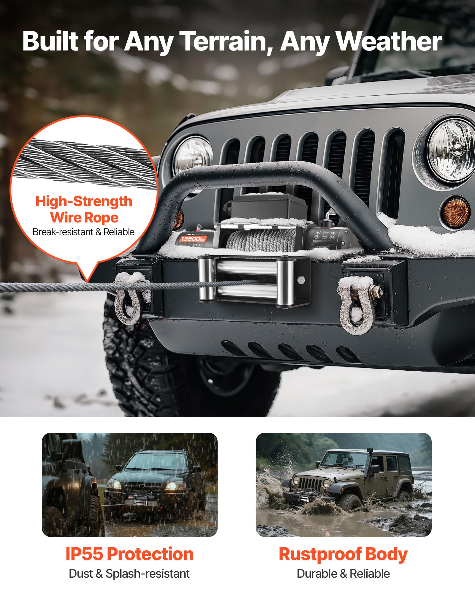 VEVOR Verricello Elettrico, Carico 6100 kg, per Camion 12 V CC con Fune in Acciaio Φ9,5 mm x 24 m, Telecomando Wireless e Cablato, IP55 Impermeabile per il Traino di SUV, Jeep, Rimorchi, Barche