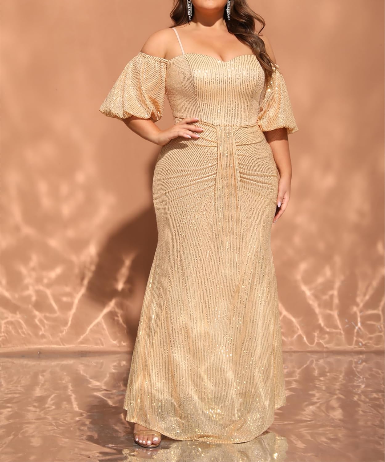 Women's Plus Size Off The Shoulder Puff Sleeve Dress Sequin Formal Maxi Evening Cocktail Party Gowns - Image 2