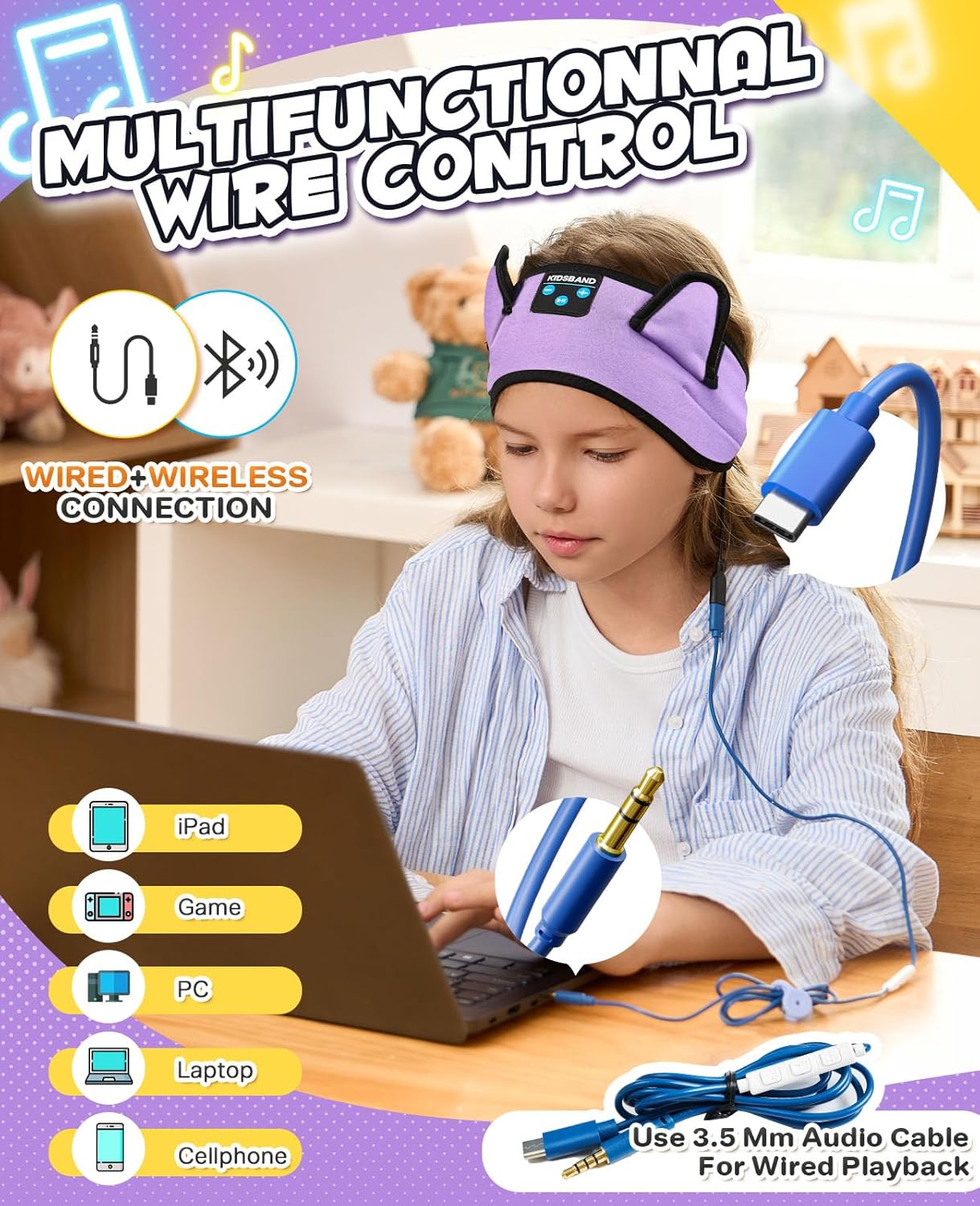 Kids Headphones Headband Wireless, Kids Bluetooth Headband, Baby Headphones with Thin Speakers & Wired Playback 3.5 MM Jack, Perfect Toddlers & Children's Earphones for Home, School & Travel Purple image 5 of 8 B0DGQ74742