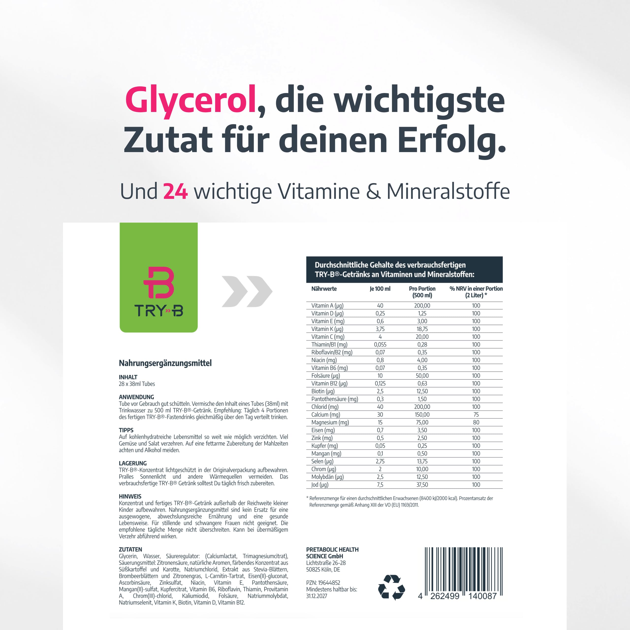 TRY-B Abnehmshake mit Glycerol, Vitaminen & Mineralstoffen – Diät Shake für 7 Tage – Abnehmen Shake 28 Tubes für einfache Diät Kur – Low Calorie Fastendrink ohne Hungergefühl – Grapefruit Splash