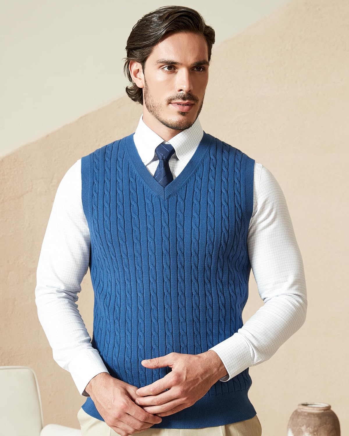 Kallspin Men’s Cable Knit Sweater Vest Pure Cotton V-Neck Sleeveless Knitted Pullover for Fall Winter - Image 6