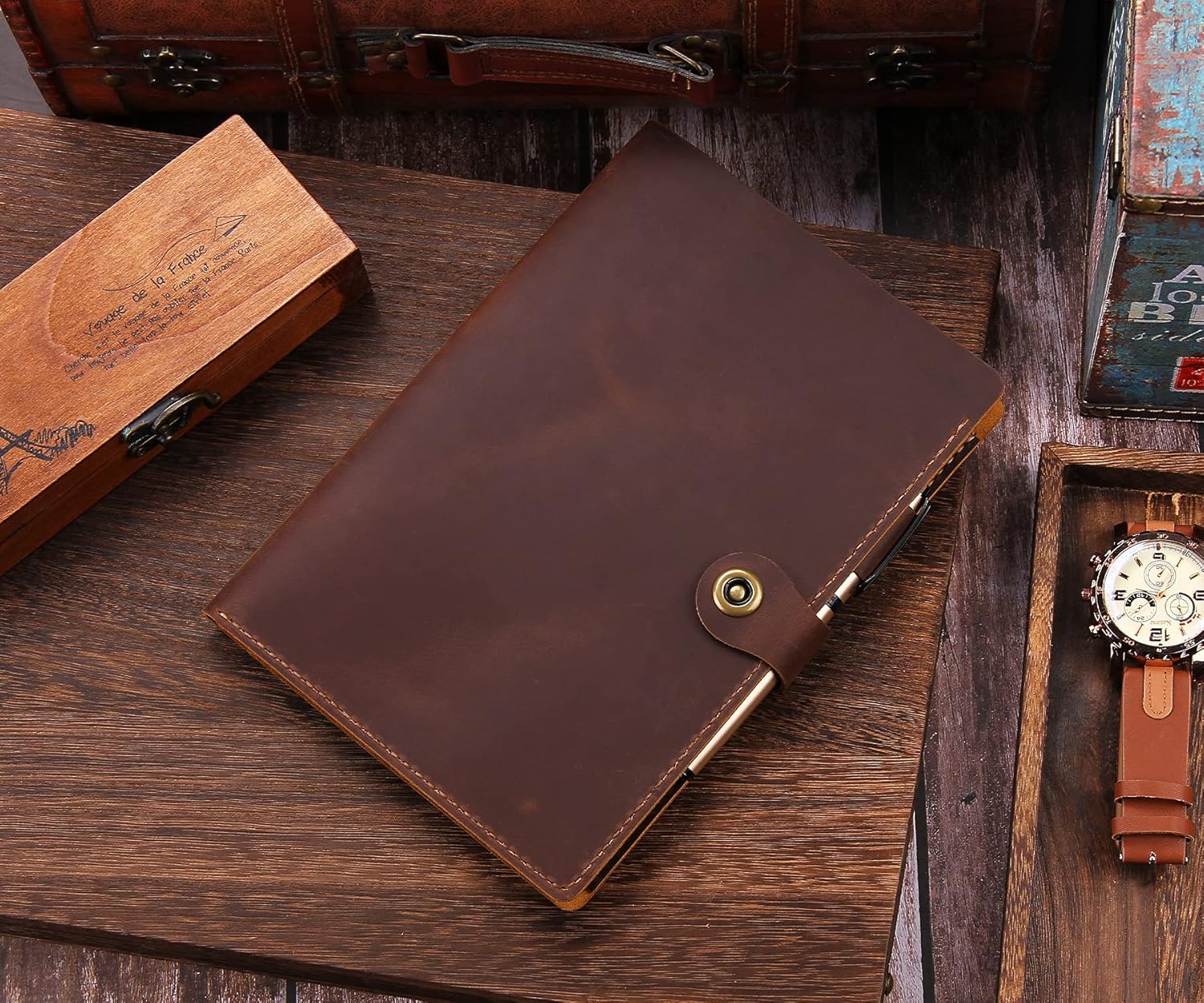 Leather Folio Cover for 6"x9" Steno Pads, Handmade Leather Cover for A5 Size Notebook with Pen Loop, Leather Cover Compatible with Rocketbook Flip Executive Size,Brown