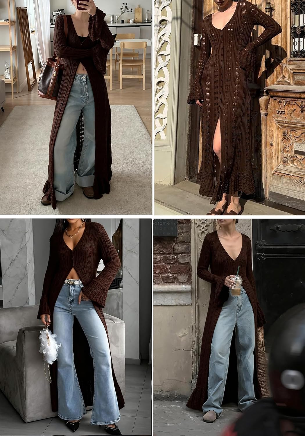 LETSVDO Womens Long Crochet Cardigan Bell Sleeve Ruffle Knit Hollow Out Lightweight Duster Sweater Beach Cover up Dress - Image 7