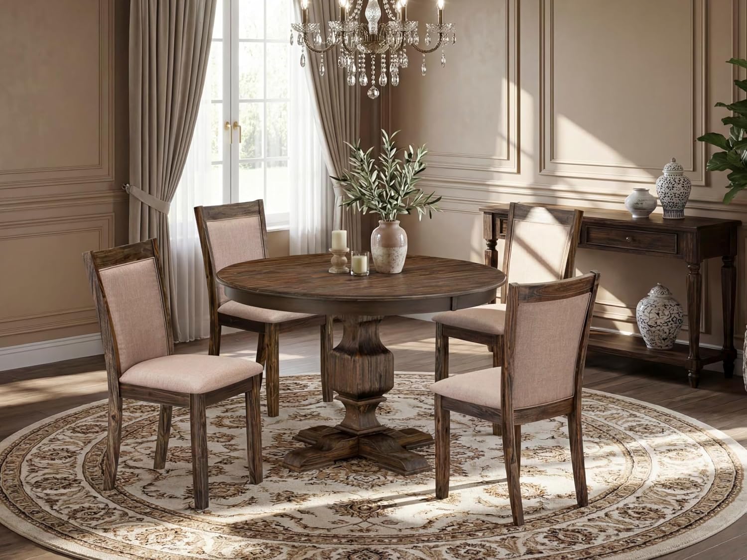 East West Furniture F3MZ5-716 5 Piece Dining Table Set for 4 Includes a Round Kitchen Table with Pedestal and 4 Dark Khaki Linen Fabric Parsons Dining Chairs, 48x48 Inch, Distressed Jacobean