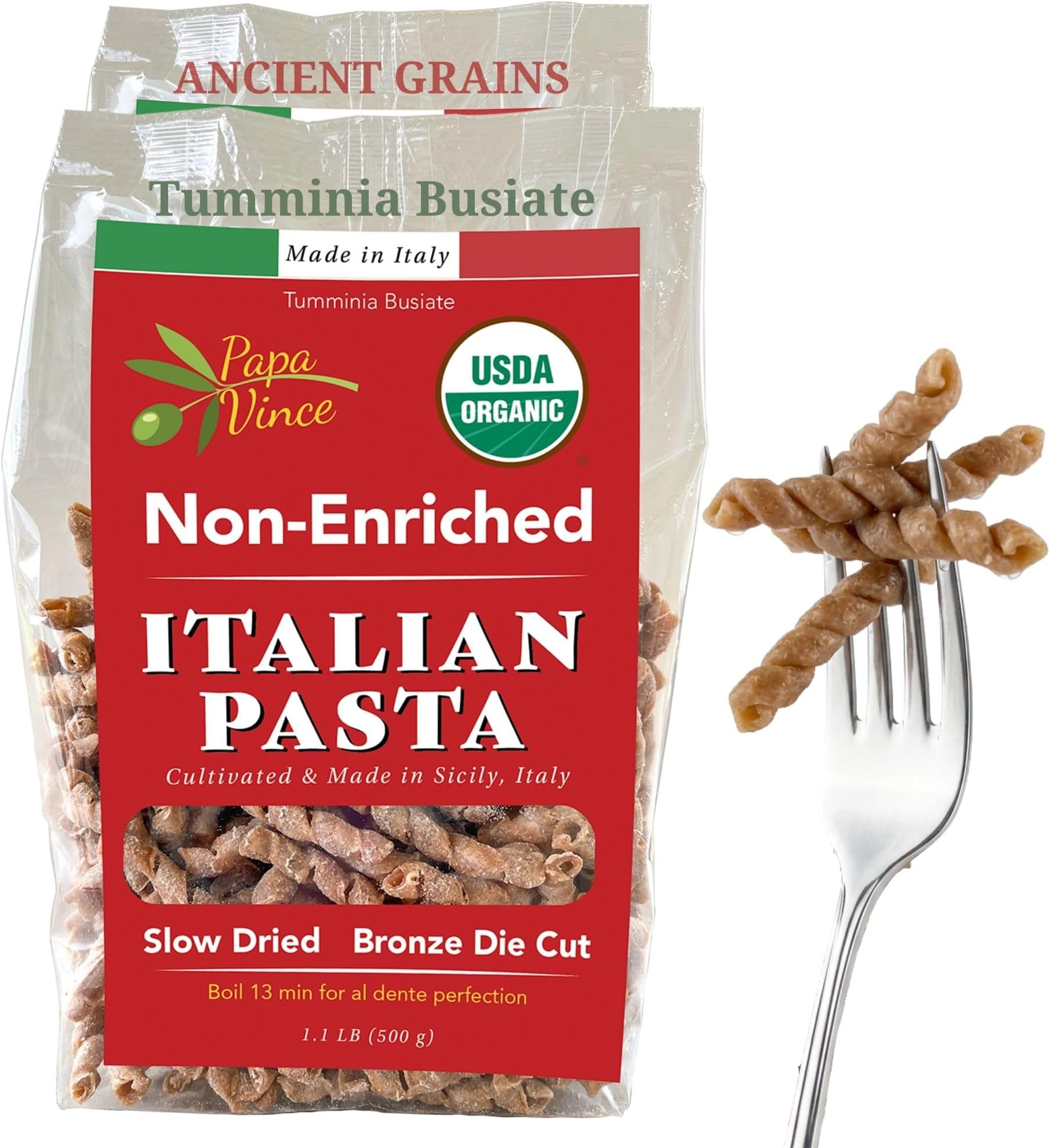 Papa Vince Organic Italian Pasta - Imported Whole Wheat Heirloom Grain from Italy: Non-Enriched, Bronze Die-Cut, High Fiber, Slow Carb, Slow-Dried, Artisan Busiate Pasta, Made in Italy