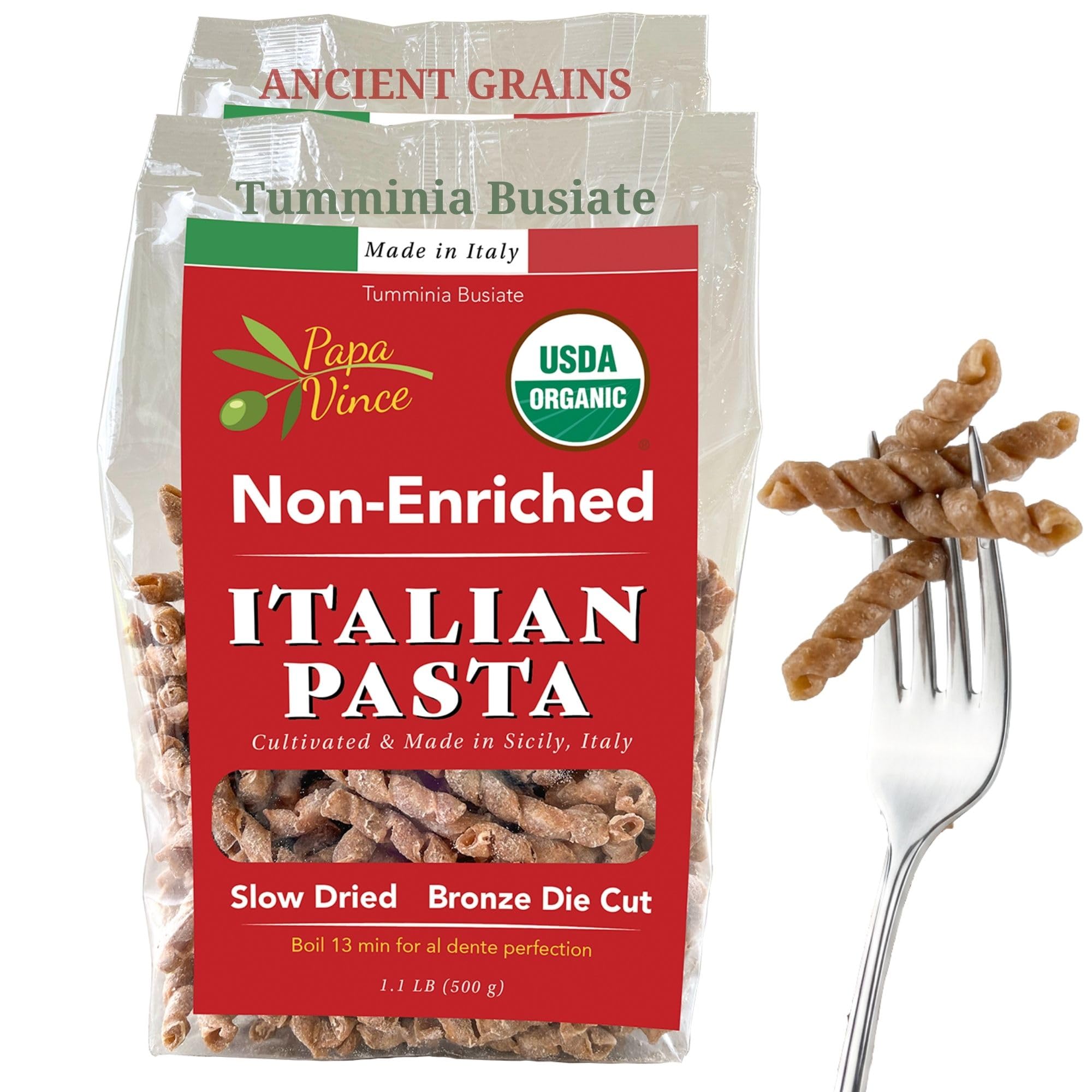 Papa Vince Organic Italian Pasta - Imported Whole Wheat Heirloom Grain from Italy: Non-Enriched, Bronze Die-Cut, High Fiber, Slow Carb, Slow-Dried, Artisan Busiate Pasta, Made in Italy