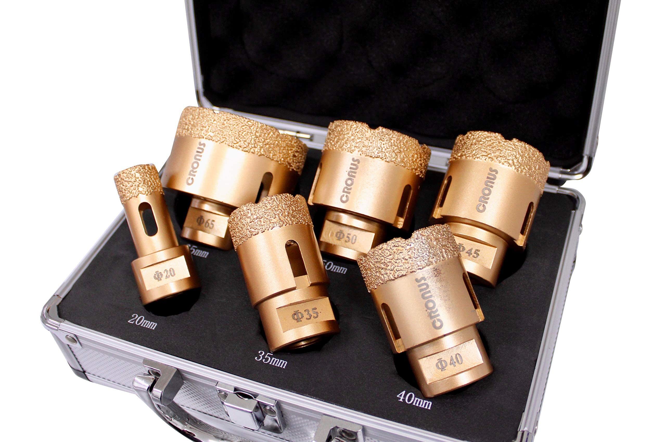 Premium wiertło diamentowe CRONUS M14 10 mm - 65 mm koronka wiertnicza wiertnicza do glazury, suchy zestaw 6 szt. z walizką/etui