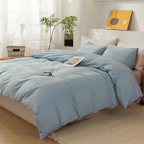 Miniatura 9 de ECOCOTT Juego de funda de edredón de 3 piezas, 100% algodón lavado, duradero, suave y cómodo, con cierre de cremallera, tamaño matrimonial, azul