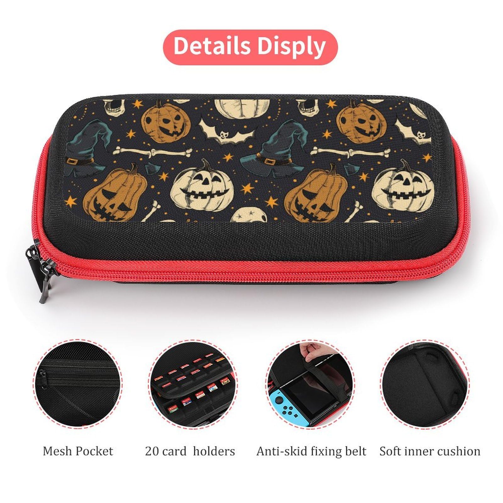 AoHanan Walizka do przenoszenia na Halloween z dyniami czaszka przełącznik etui do gier z 20 kartridżami do gier twarda obudowa podróżna ochrona etui do przechowywania na konsolę i akcesoria
