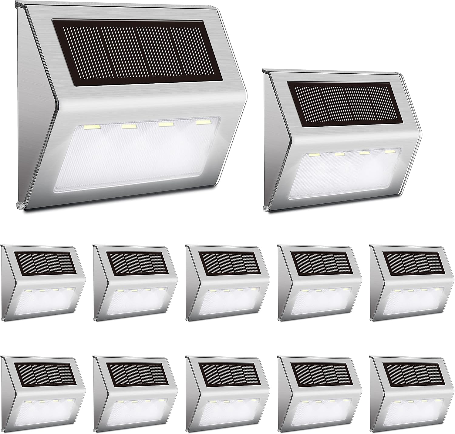 Buy 2 get 3 Solar Fence Lights Outdoor 12 Pack Solar Step Lights 4 Led Stair Lights Waterproof Stainless Steel Outdoor Lighting for Deck Garden Yard (White Light)