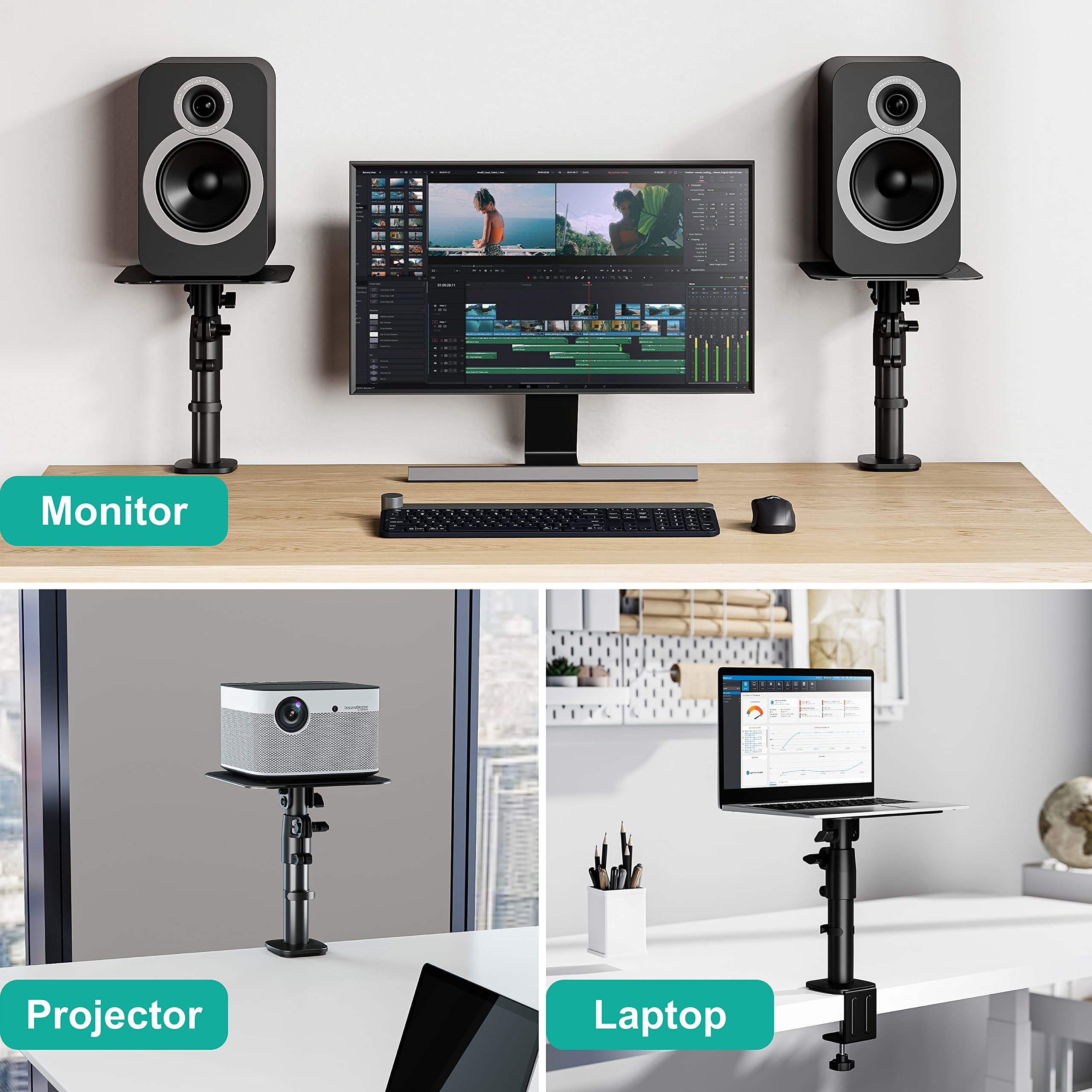 WALI Studio Monitor and Speaker Stand, Clamp-on Desktop Stand Set of 2, Height Adjustable Universal Audio Holder for Bookshelf Speakers Laptops Projectors (SDS003), Black