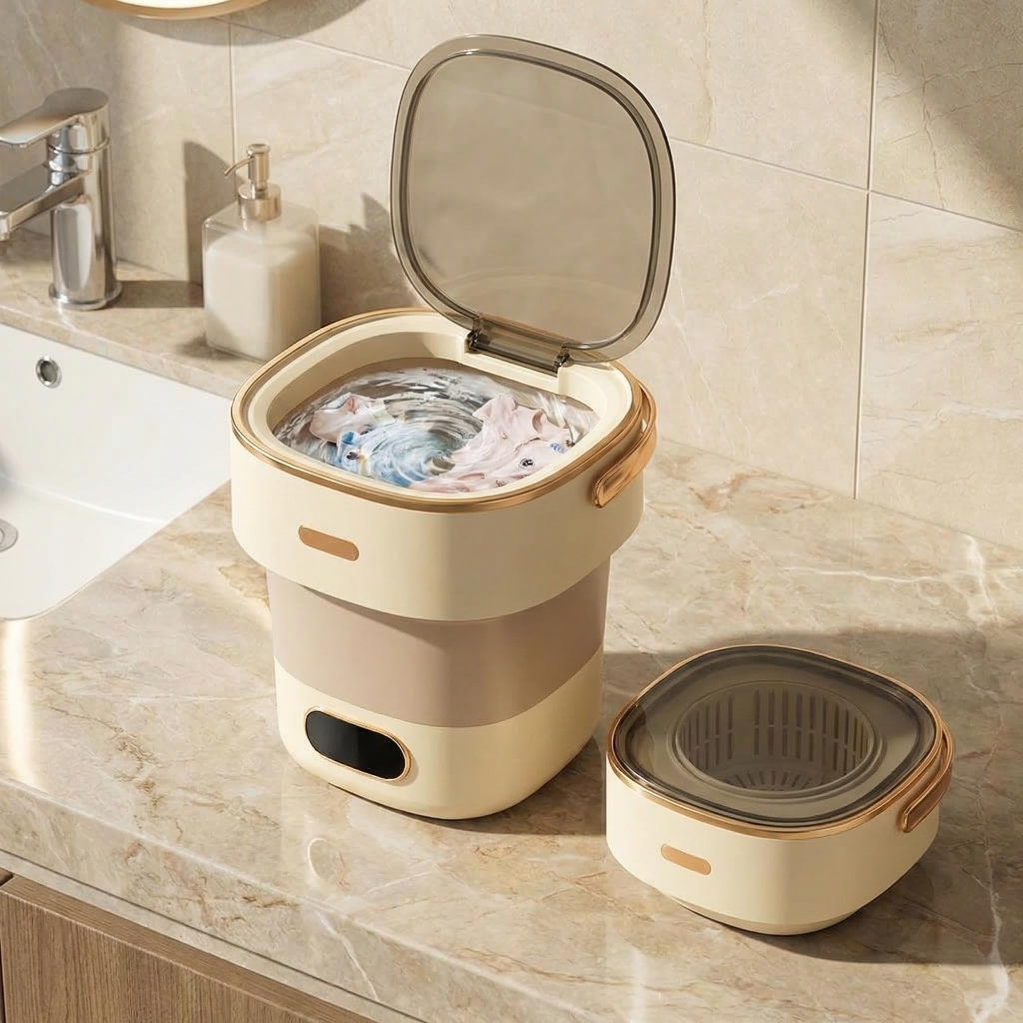 Lavatrice Portatile 13L Pieghevole con Centrifuga, Mini Lavatrice Automatica con 3 Modalità di Pulizia per Biancheria Intima, Vestiti Neonati, Calze, Campeggio e Viaggi, Spina UE, Grigio Bian