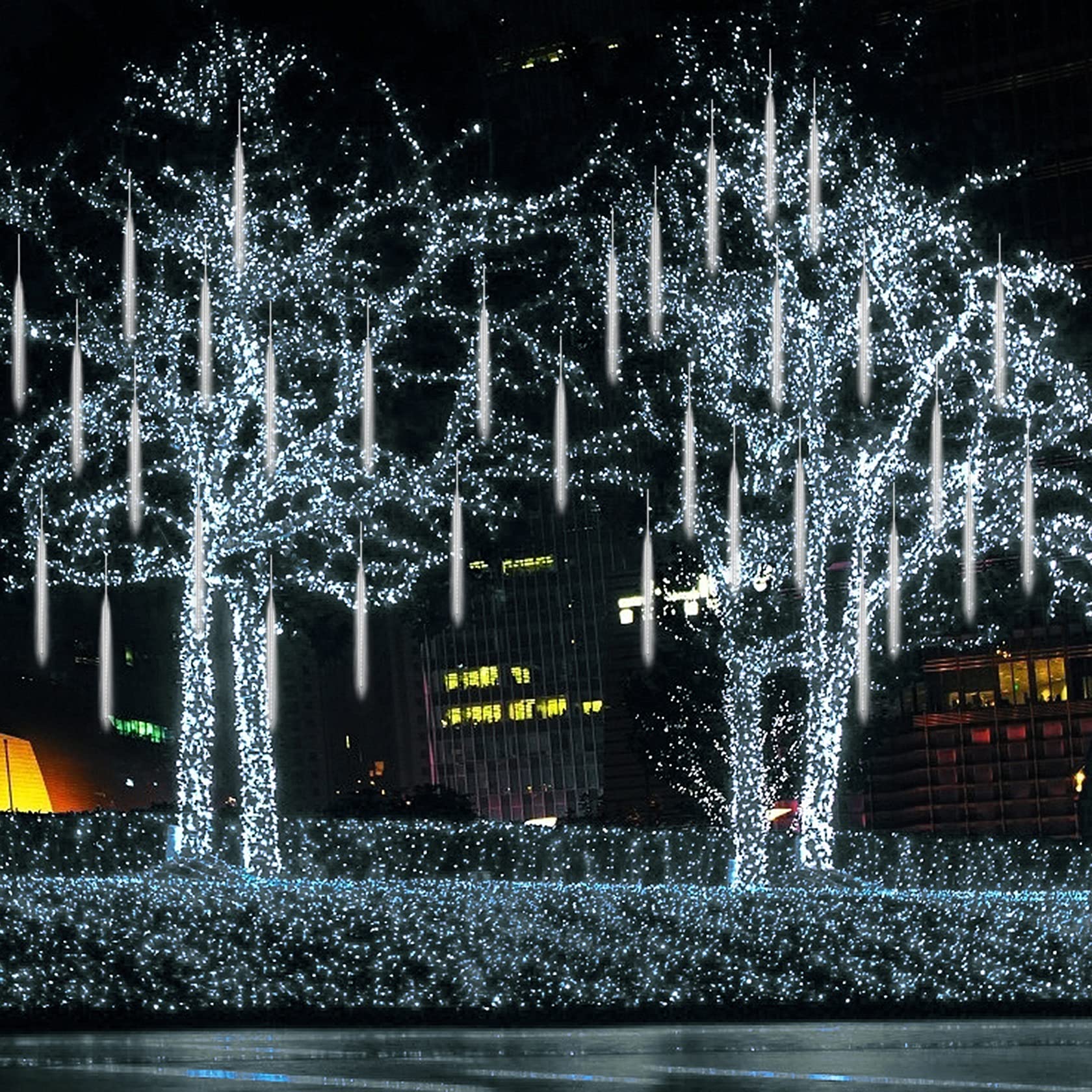 Catena Luminosa LED 30cm 8 Tubes 192 LED Luci Natale Pioggia di Meteoriti, Luci Pioggia Meteore Waterfall Light per Natale per Natale/Esterno/Giardino/All'Aperto, Bianco Caldo