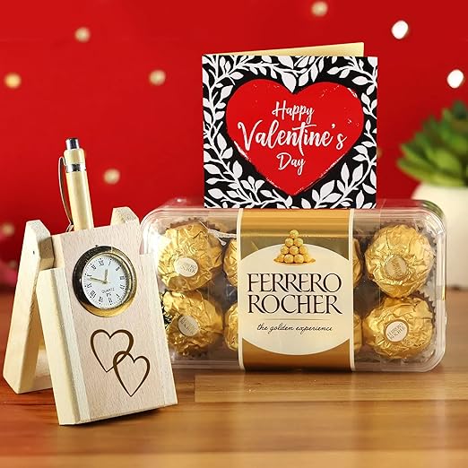 TIED RIBBONS Valentine Day Gift for Men Husband Boyfriend Boys with Chocolate Combo Wooden Pen Stand with Clock and Greeting Card