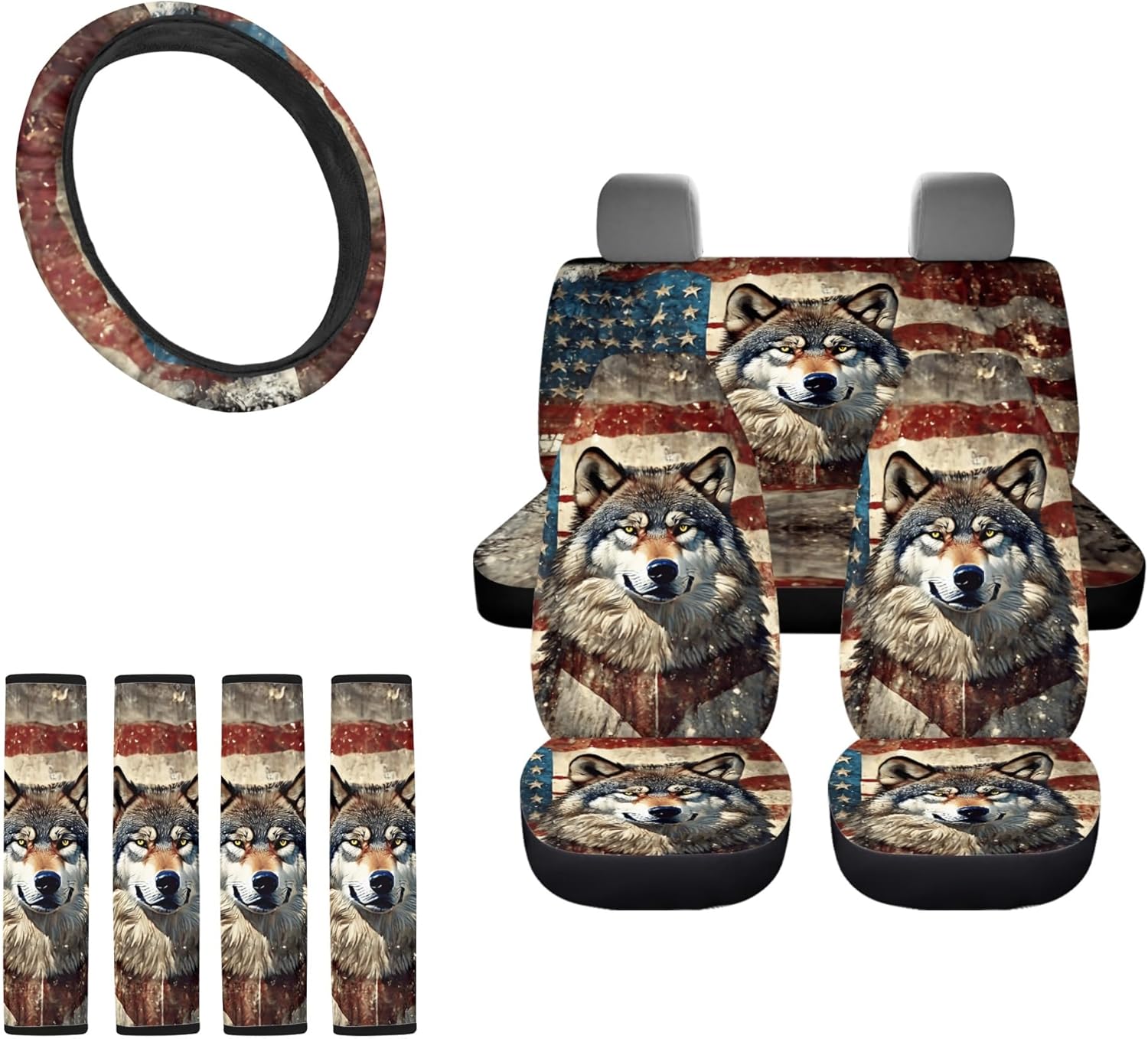 American Flag Wolf Print Car Seat Cover Set Automotive Interior Accessories Set for Women Men, Front and Rear Seat Covers, Steering Wheel Cover, Seat Belt Pad, 9 Pack