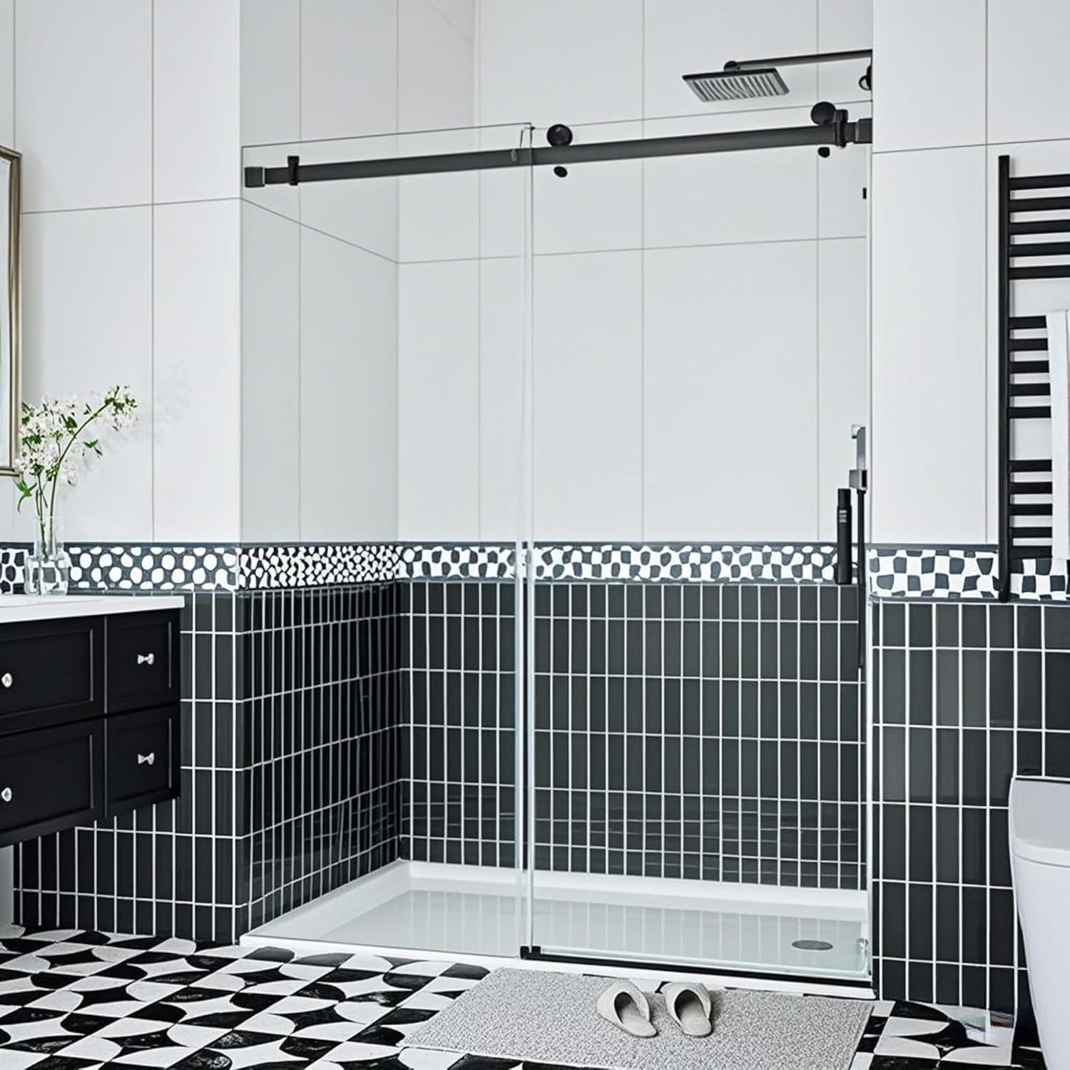 Shower Glass Door, 76x48 Inch, 8mm Coated Tempered Glass with Handle & Seal Strip, Matte Black Durable Stainless Steel Square Track, Single Fixed & Single Sliding Door Design