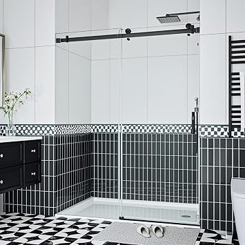 Shower Glass Door, 76x48 Inch, 8mm Coated Tempered Glass with Handle & Seal Strip, Matte Black Durable Stainless Steel Square Track, Single Fixed & Single Sliding Door Design