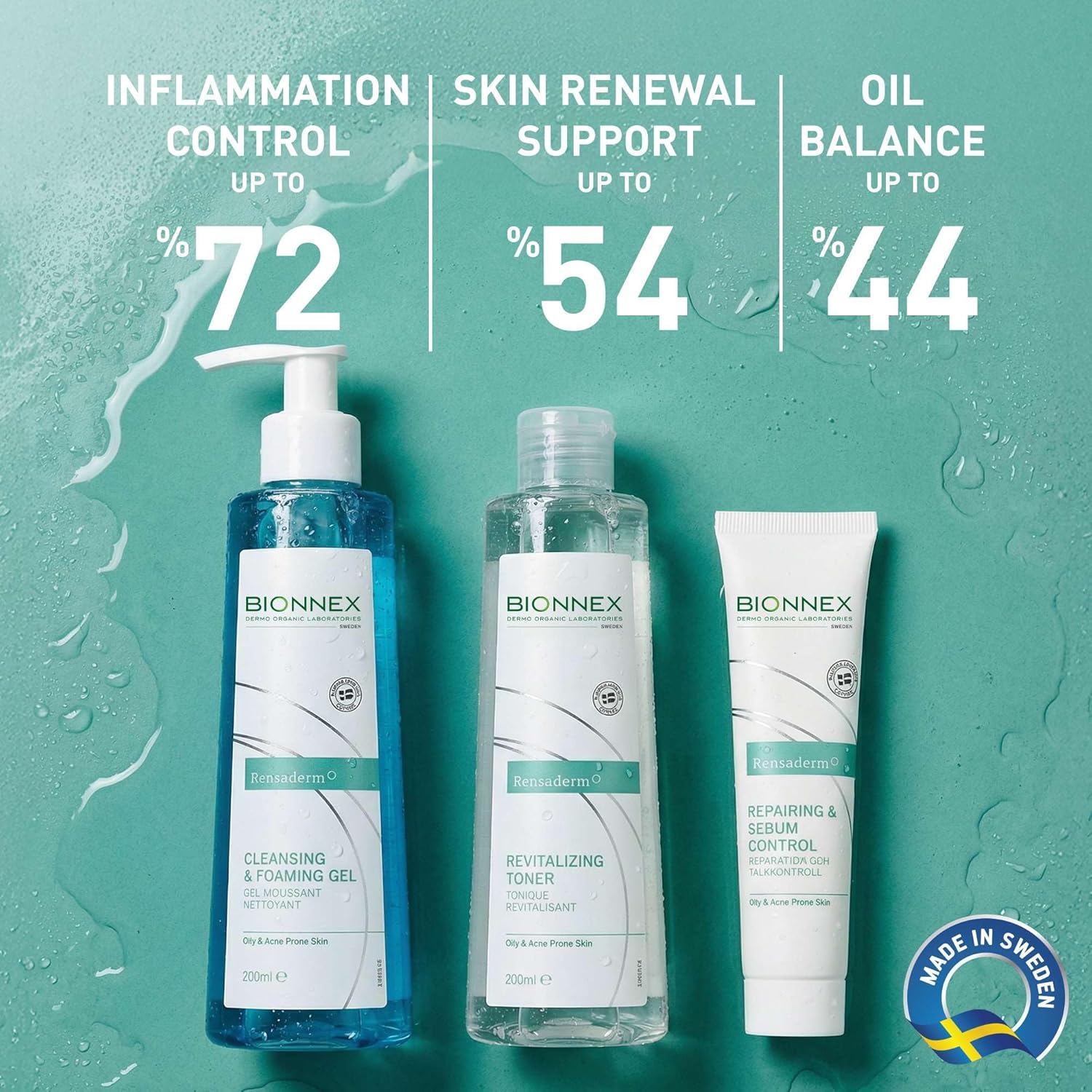 Bionnex Complete Acne Treatment Routine, 3 Step Daily Routine with Foaming Cleanser, Revitalizing Toner & Sebum Control Cream, Dermatologocally & Clinically Tested, 2 Month Supply