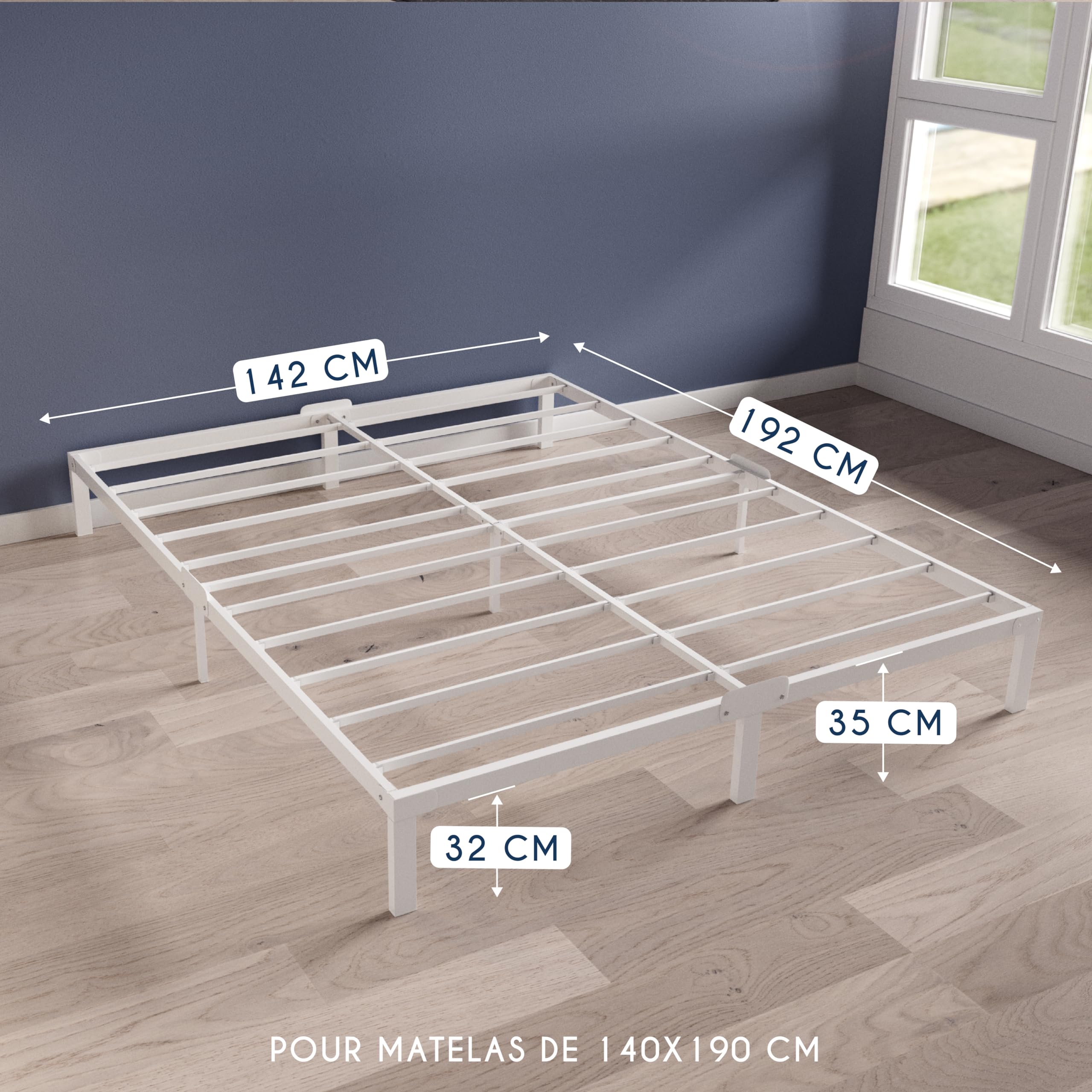 Dreamzie Cadre de Lit 140x190 avec Sommier en Métal Blanc - Hauteur de 35 cm - Sommier 140x190 avec Pieds - Structure Solide, Assemblage Facile, Capacité de Rangement 32cm