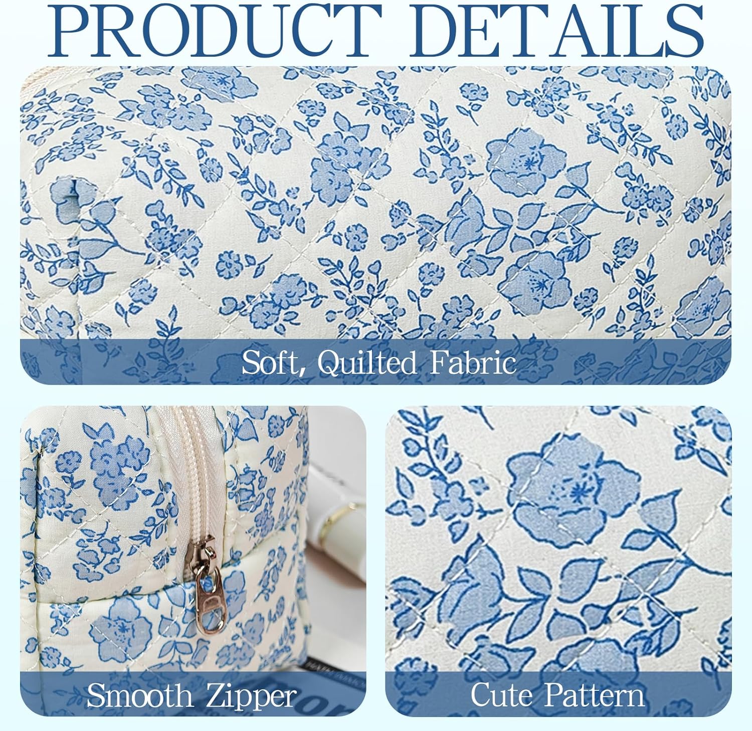 Quilted Makeup Pouch,Cotton Puffy Makeup Bag, Coquette Cosmetic Bag for Women and Girls, Aesthetic Organizer Bag, Cute Flower Travel Toiletry Bag - Image 4