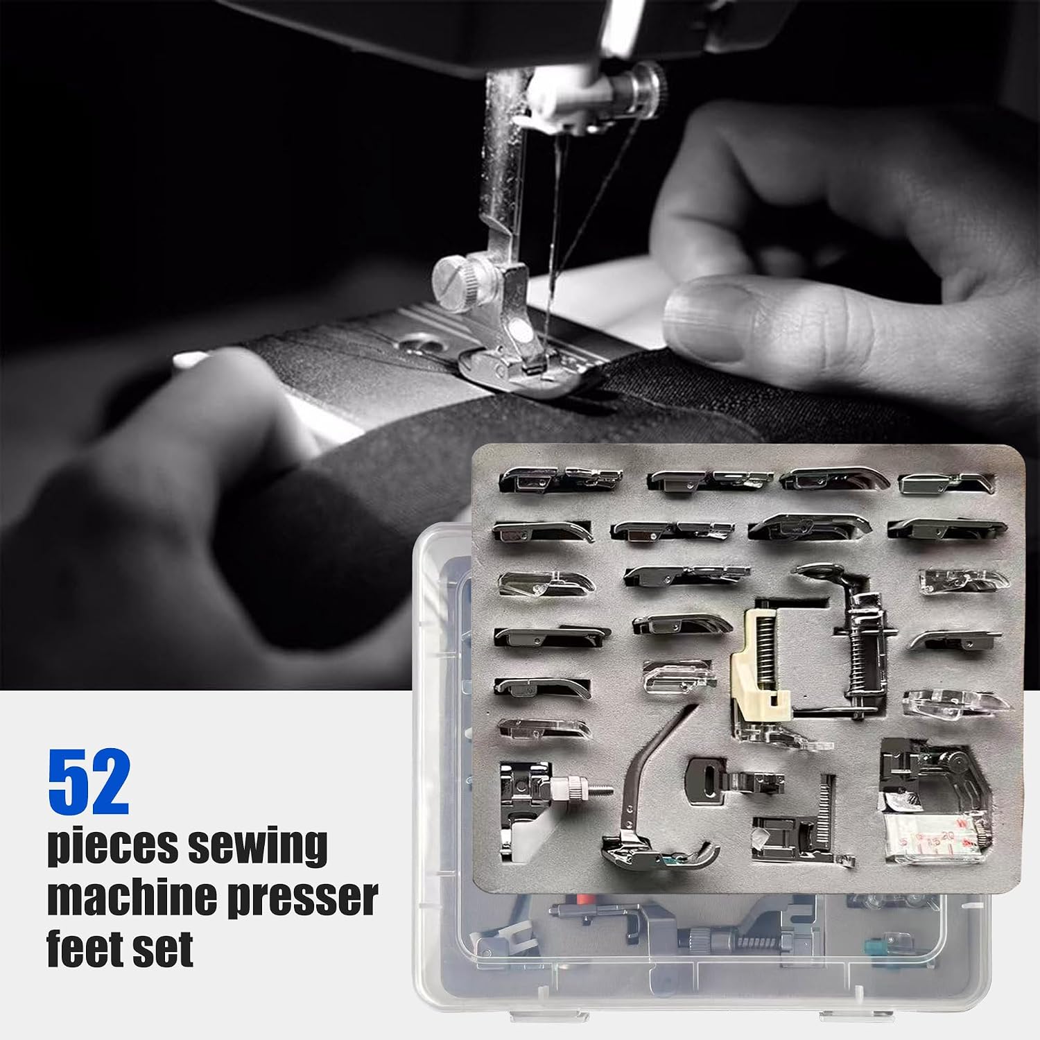 52PCS Sewing Machine Presser Feet Set, Metal Low Shank Universal Presser Foot Kit for Most Household Sewing Machines, Ideal for DIY Sewing, Tailoring & Craft Projects