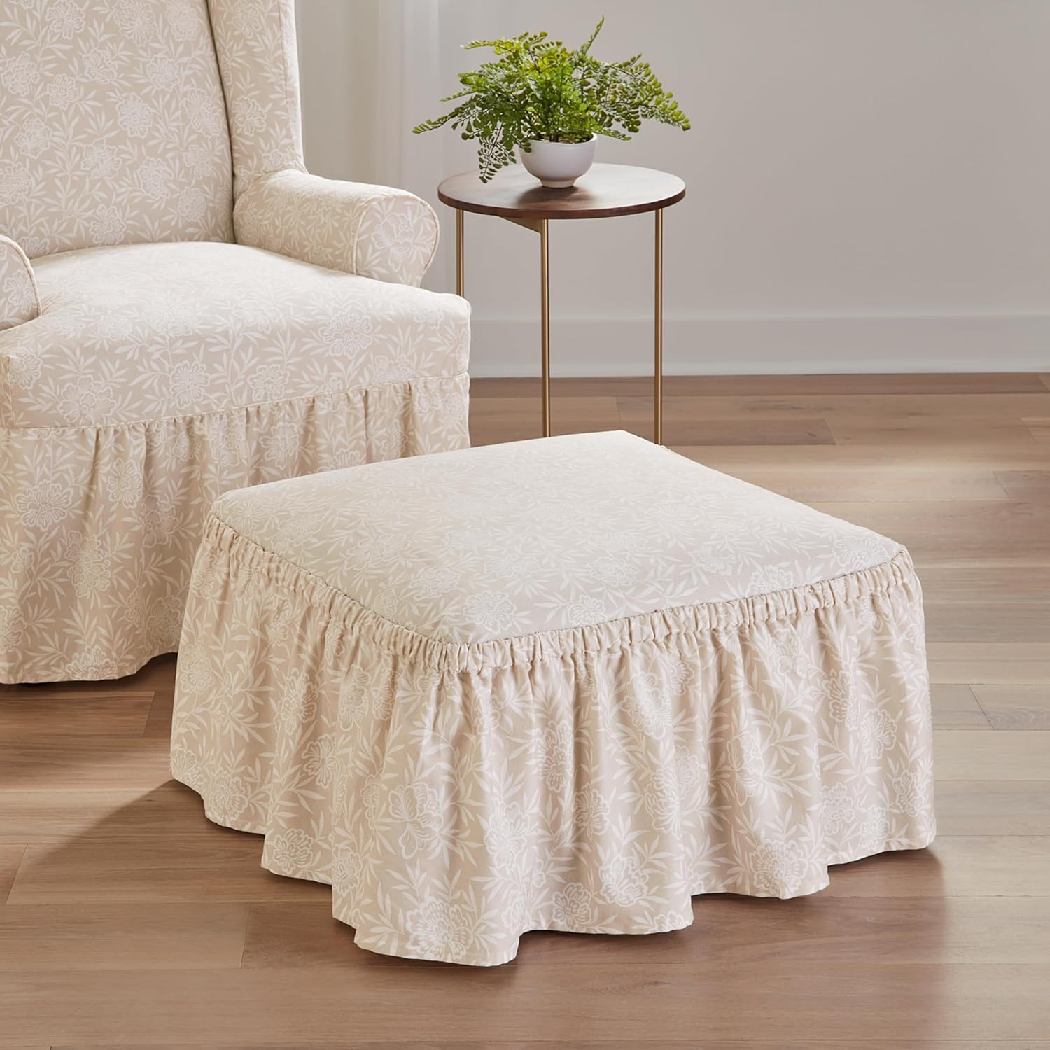 SureFit Ottoman Slipcover, Twill Ruffled Design, Neutral Floral, Washable, Cotton, 49x45 inch, Fits Round or Square Ottomans, 116 inch Elastic Skirt, 2 Piece, Machine Washable Neutral Floral Ottoman