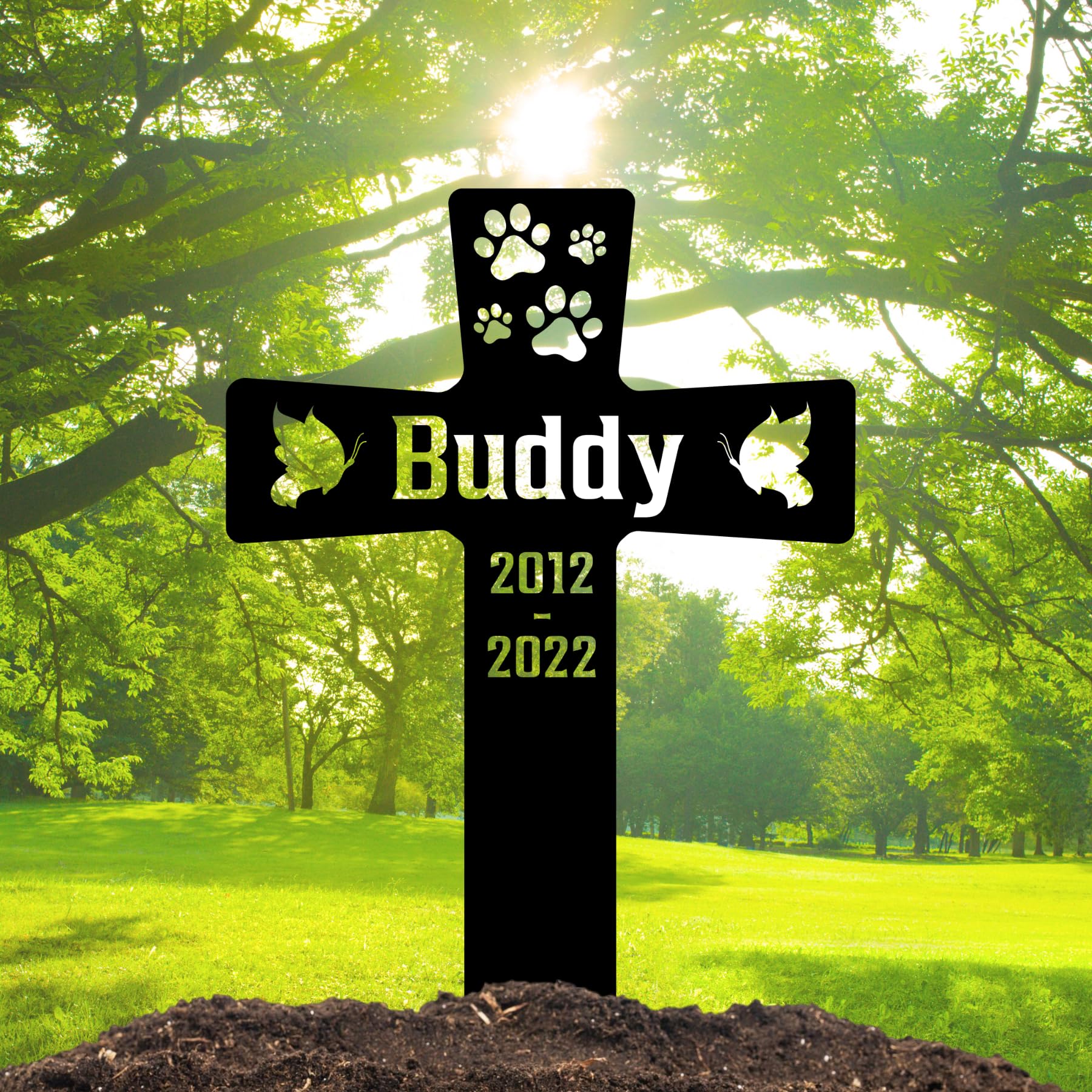 HEGANITS Custom Pet Paws Memorial Cross, Personalized Dog Metal Stake for Cemetery Yard, Sympathy Grave Marker with Paws, Memorial Plaque Cemetery