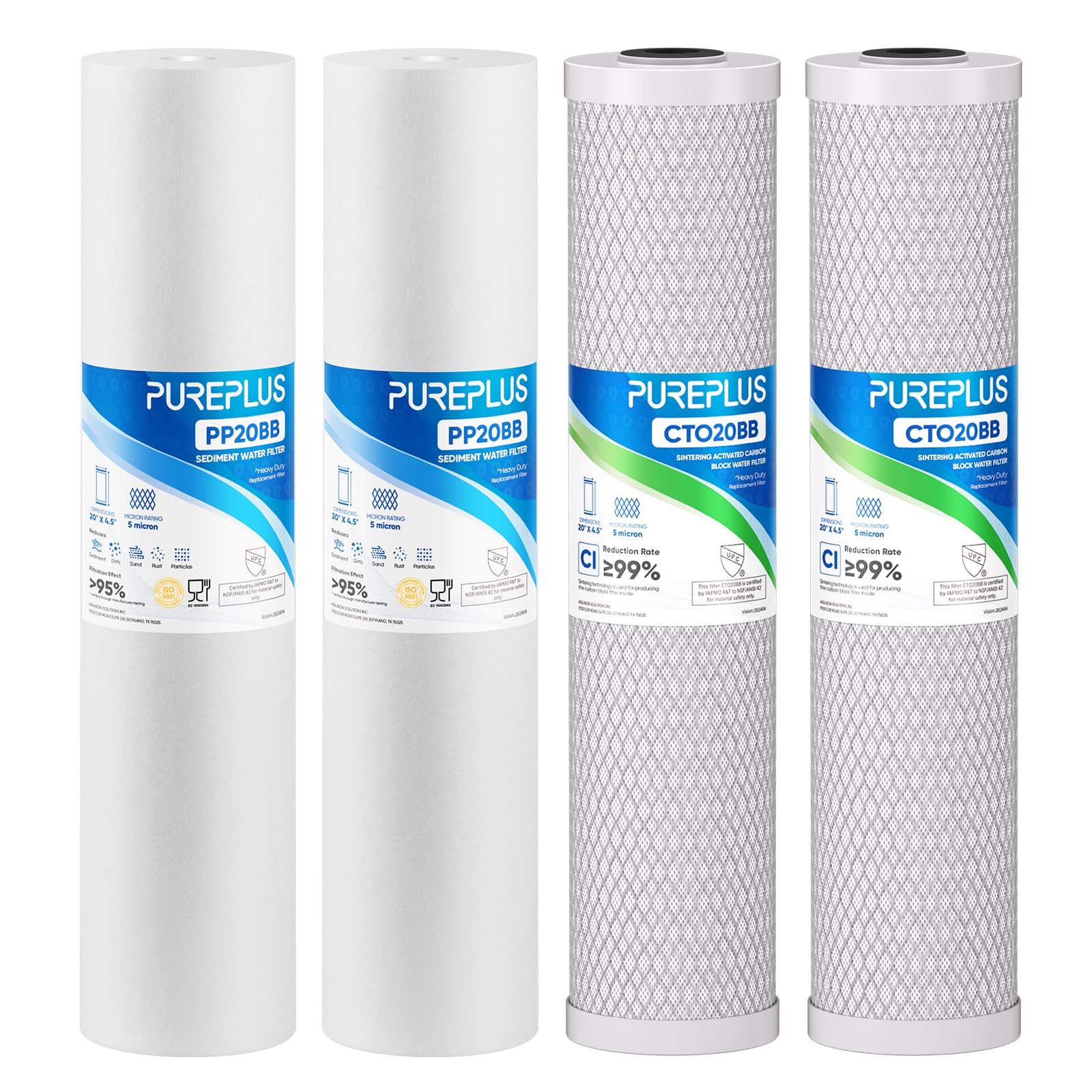 Filtro de agua para toda la casa PUREPLUS de 5 micras, kit de sedimentos y carbón activado de 20"