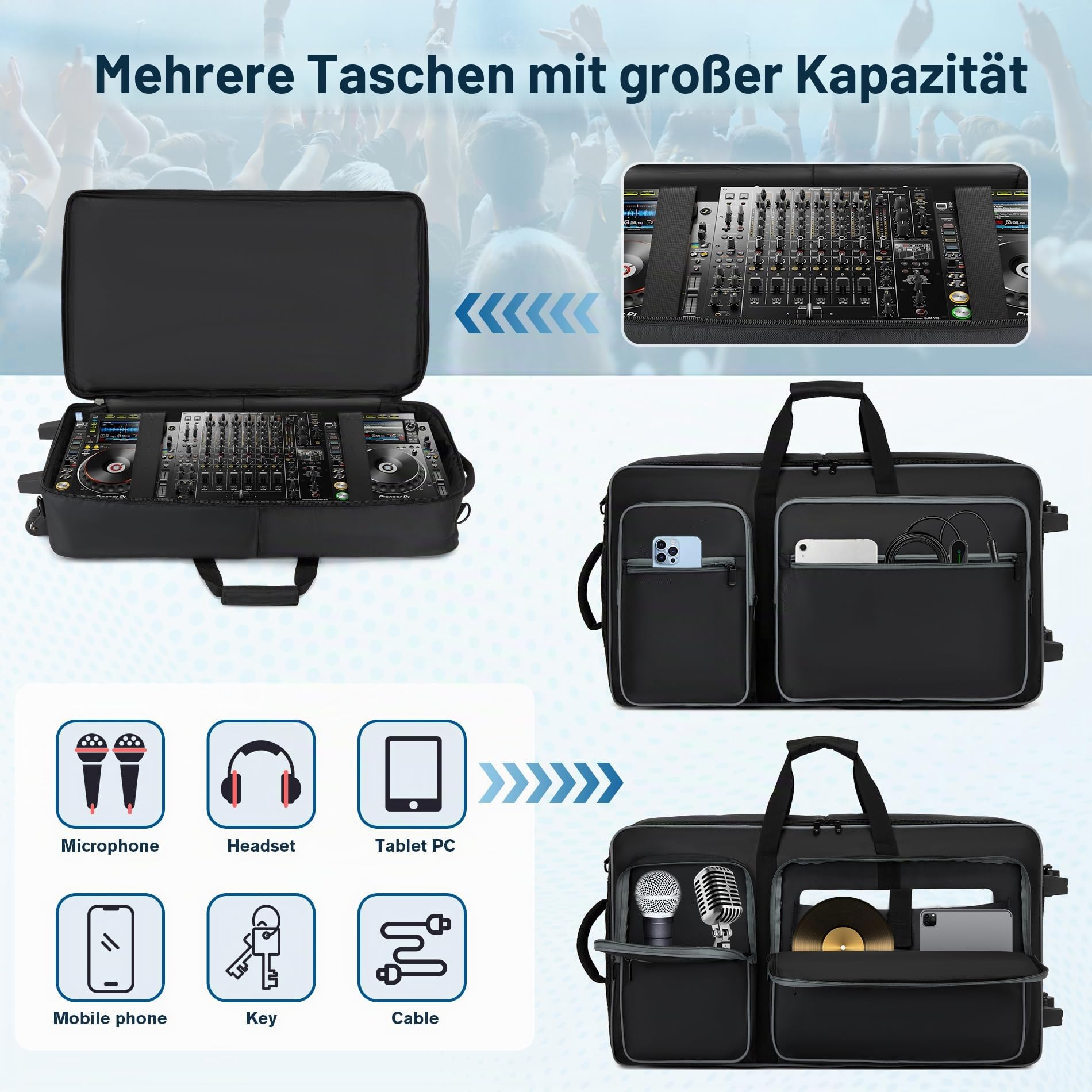 DJ-Tasche mit Rollen, kompatibel mit DDJ FLX10/1000/1000SRT/REV7/REV5/SCLIVE 4, DJ-Controller-Tasche für Pioneer DJ-Ausrüstung, DJ-Controller-Tasche mit Mehreren Taschen für DJ-Zubehör, weicher