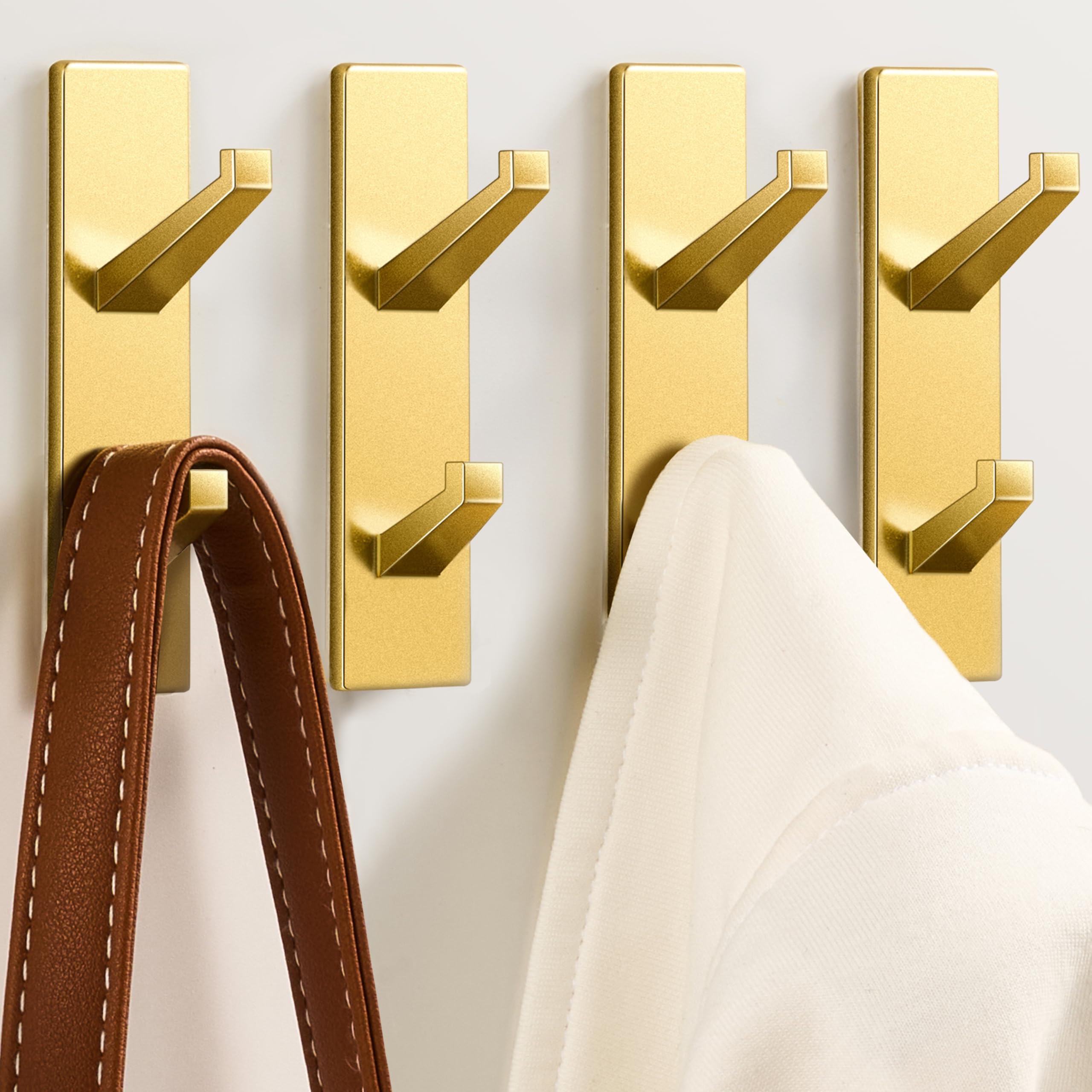 susswiff Gold Wall Hooks for Coat Towel: 13LB Adhesive Door Hanger Stick on, 4 Pack