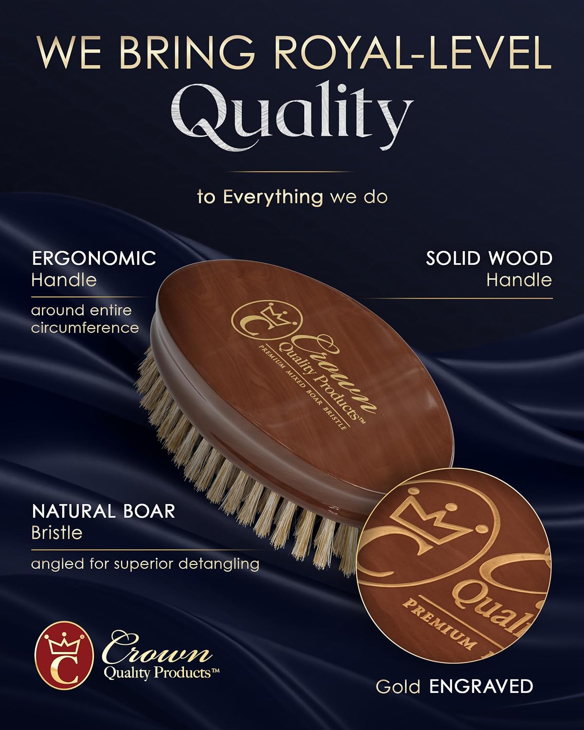 Ultimate Beard Hairbrush - Designed for Beards - Medium Natural Boar Bristle, All Purpose Detailing Hair Brush, Solid Maple,Gloss English Chestnut Finish, Gold Engraved, Compact size