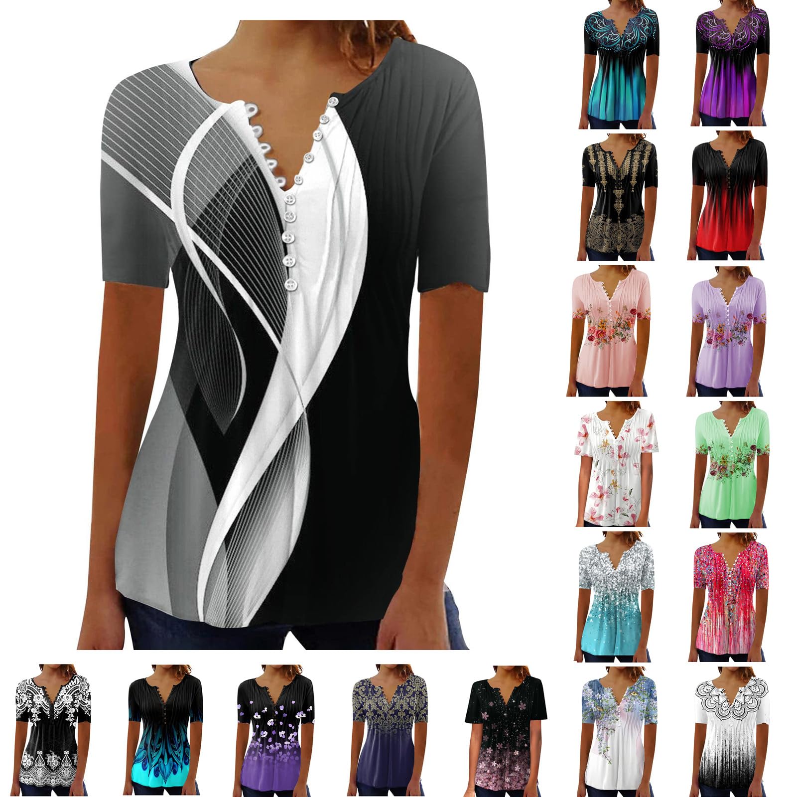 Boho Clothes for Women 2025 Plus Size V Neck Button Down Short Sleeve Floral Print Shirts Trendy Comfy Fit Blouse