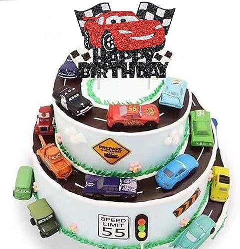 Miniatura 4 de Artczlay - Decoración para tartas con temática de carreras, bandera a cuadros, negro y rojo, cumpleaños y baby shower, decoración de pasteles, 1