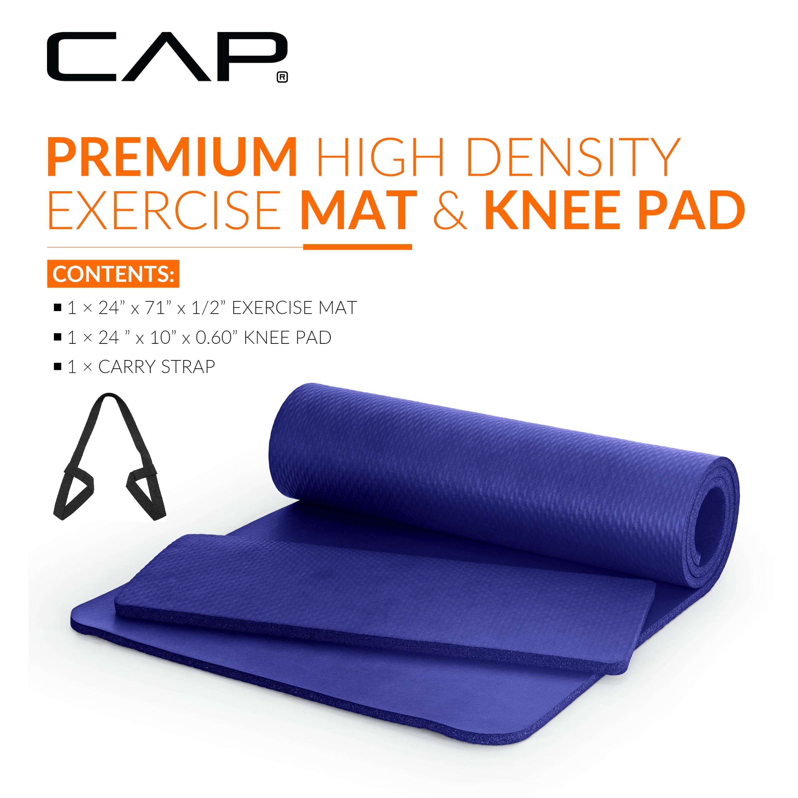 CAP 1/2" Thick Yoga Mat, Exercise Mat with Knee Pad & Strap, Blue view 2