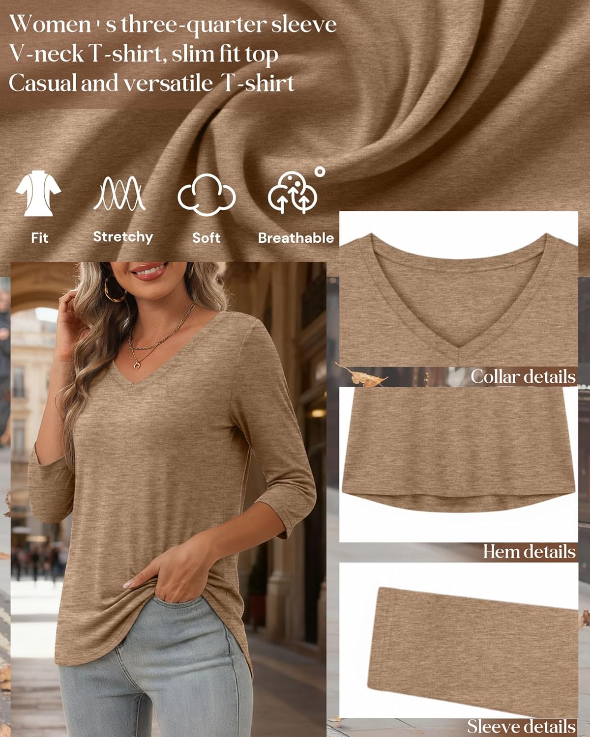 Ficerd 4 Pack Women's 3/4 Sleeve T Shirts, V Neck Casual Tunic Tops Loose Fit Cotton Basic Shirts Solid Color Fashion Tees - Image 5