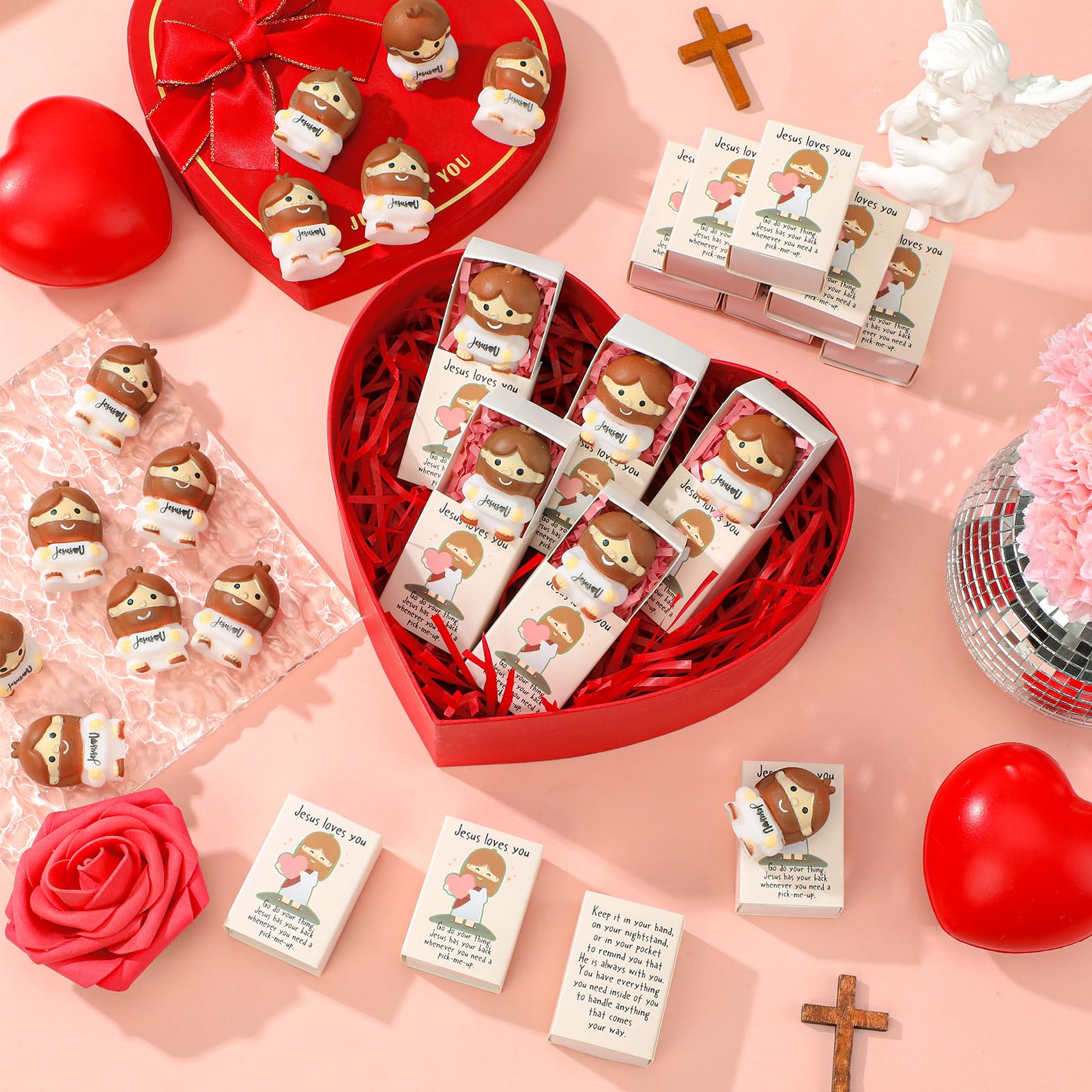 Wettarn 30 Sets Jesus Loves You Gifts Jesus Figures Stress Balls with Support Boxes for Christian Religious Church Stuffers Faith Desk Decor Christmas Valentines Day Party Favors