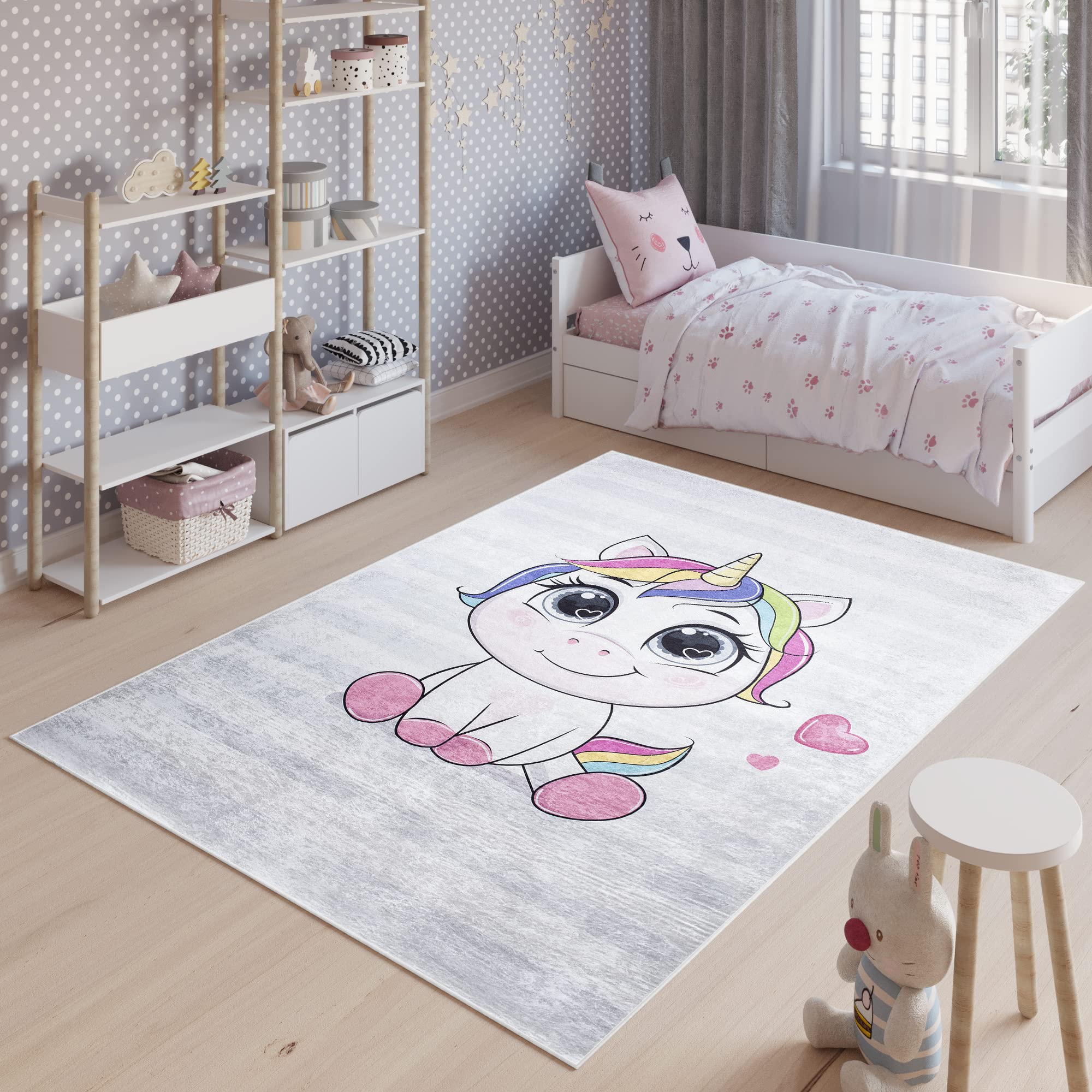 TAPISO Emma Alfombra Antideslizante de Habitación Infantil Juvenil Dormitorio de Niño Bebé Diseño Moderno Unicornio Caballo Gris Blanco Rosa Patrón Impreso Sin Pelo Suave 80 x 150 cm