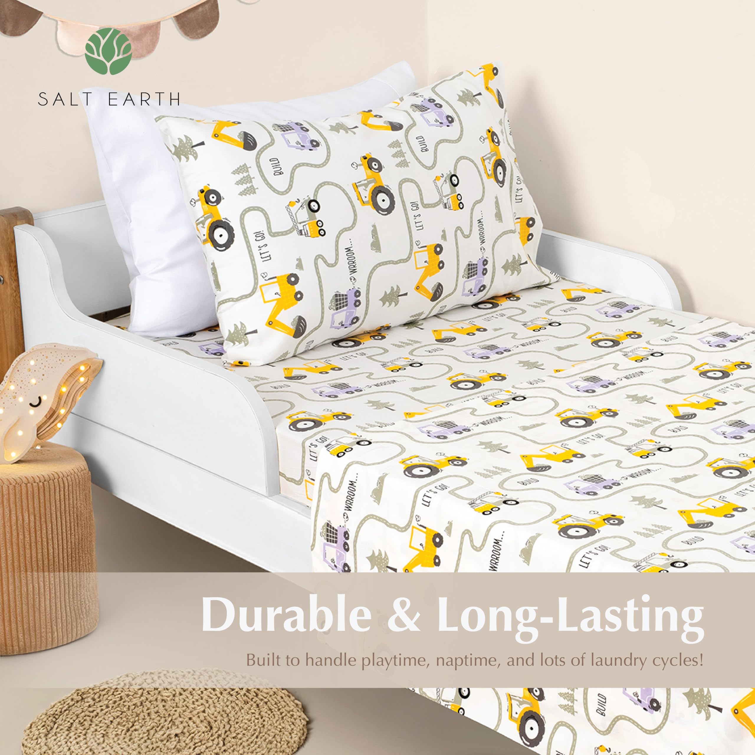 Salt Earth 100% Cotton 210TC Kids Bedsheet, Twin Fitted Sheet, Toddler Bed, 2 Piece Bedding Set- 1 Fitted Sheet and 1 Pillowcase, Themed Toddler Bed Sheets, Cute Sheets for Kids Bed (Tractor)