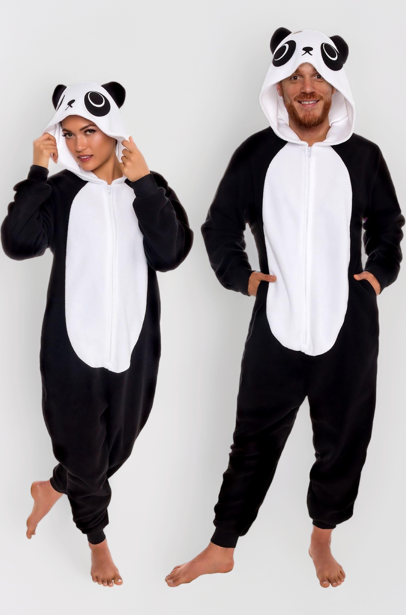 Slim Fit Adult Onesie - Animal Halloween Costume - Plush Fruit One Piece Cosplay Suit for Women and Men , Panda, Medium,black,white