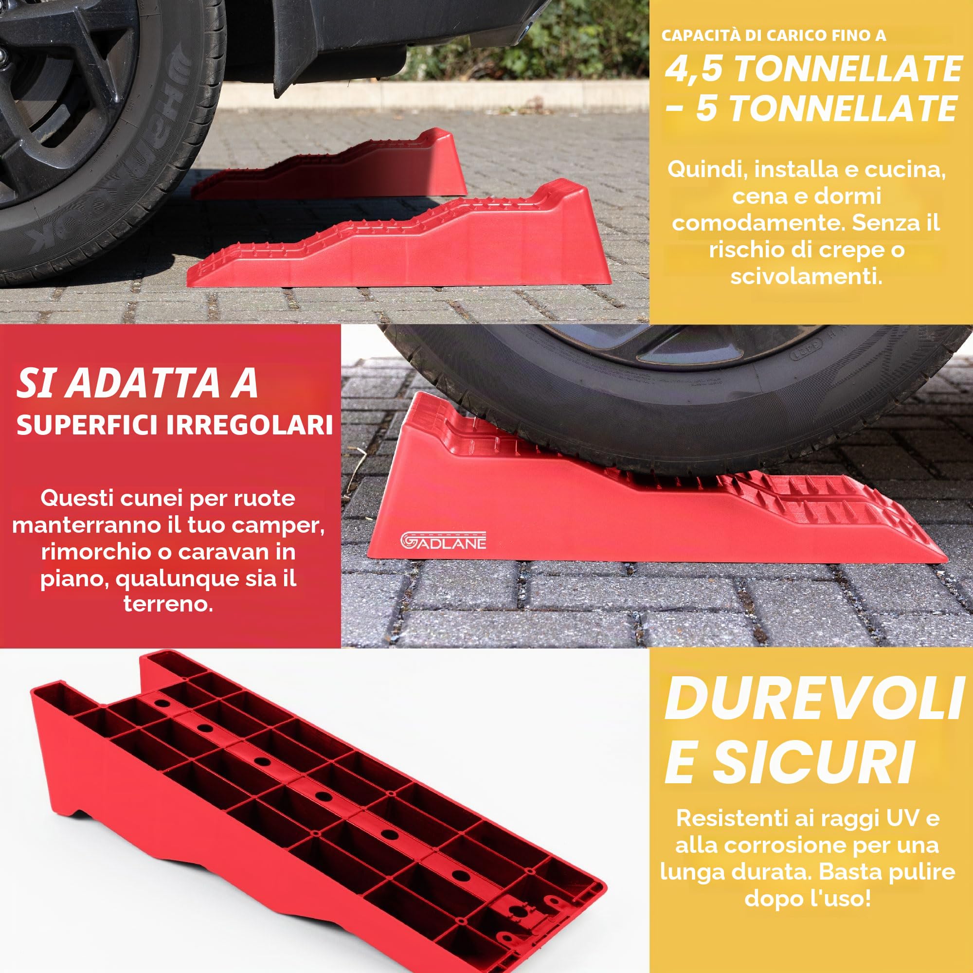 GADLANE Cunei per Camper - 2 Pezzi Livellatori per Camper Resistenti con Scanalature Antiscivolo - per Auto, Caravan e Rimorchi (Capacità: 4,5 Tonnellate) - Rosso