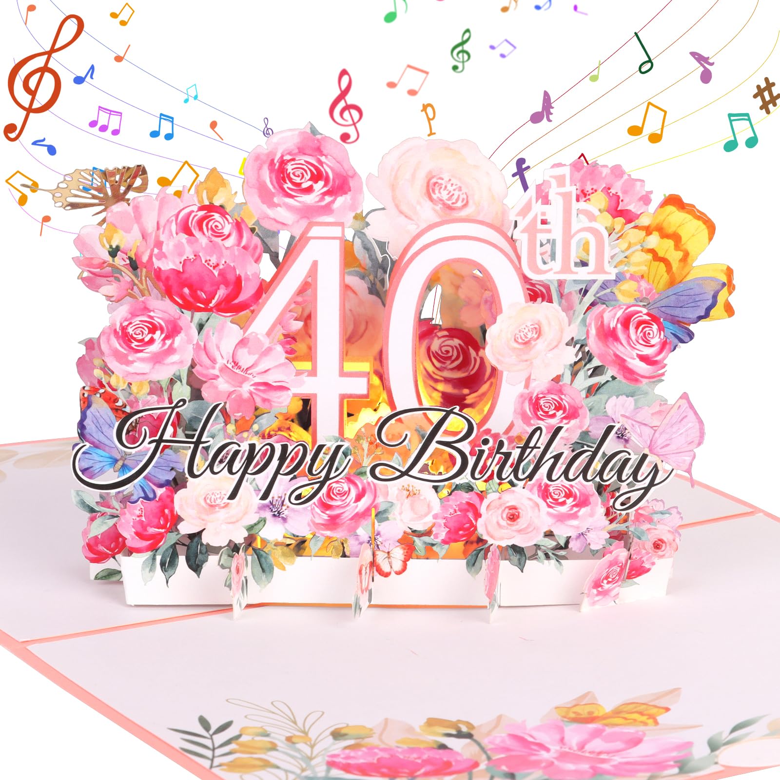 40th Birthday Card, Musical Birthday Card for Women, Pink 3D Pop up Greeting Card with Musical and Flower Happy 40th Birthday Gifts for Women Wife Mom Grandma