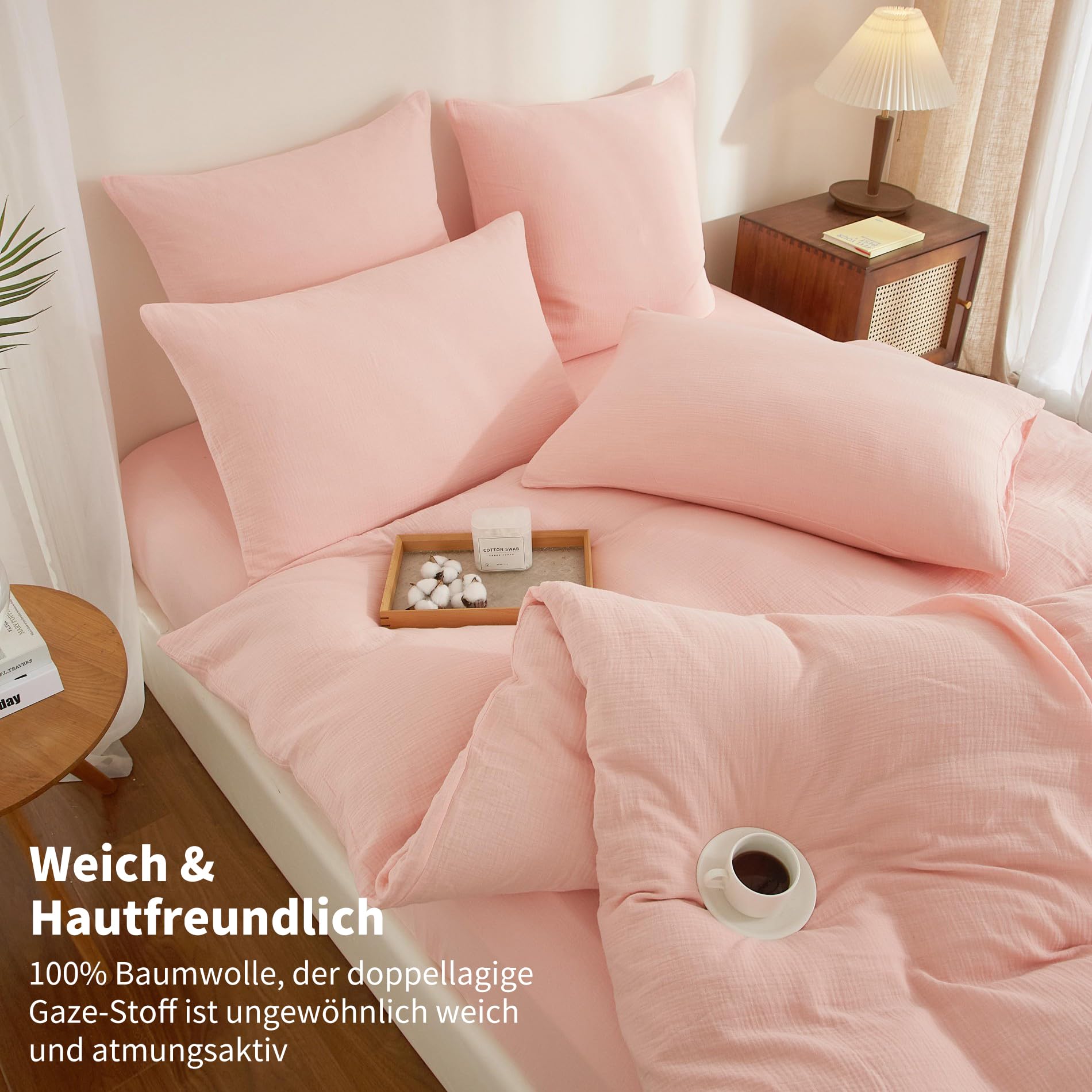Doppelte Muslin Bettwäsche 135x200 Rosa 100% Baumwolle Bettwäsche Muslin Weich Atmungsaktiv Kuschelige Bettbezug Set 2teilig mit Reißverschluss und 80x80 cm Kissenbezug