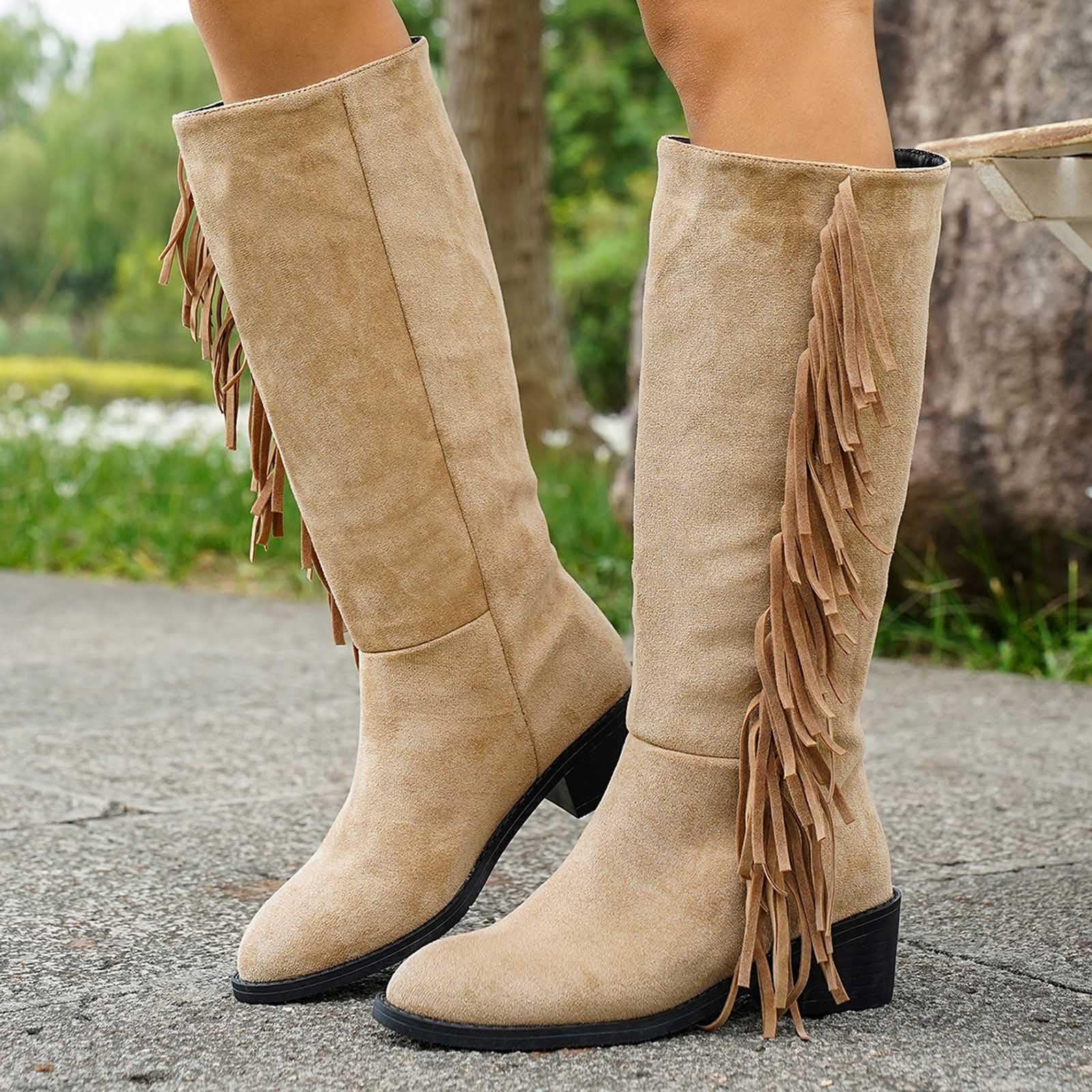 Botas por Encima de la Rodilla Botines de Media caña con Flecos, Estilo Casual y cómodo, Ideales para otoño e Invierno. Diseño sin Cordones, con tacón bajo.