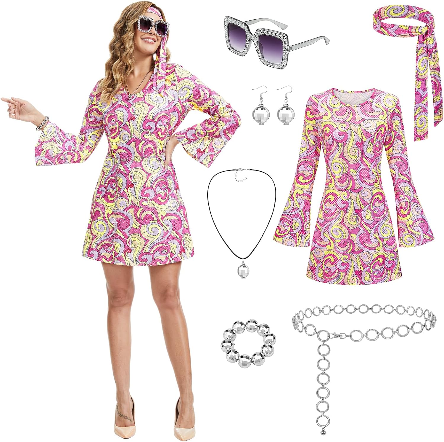 70s Disco Outfits Dress,7 PCS 70s Hippie Costume for Women Necklace Earrings Glasses Bracelet and Waist Chain