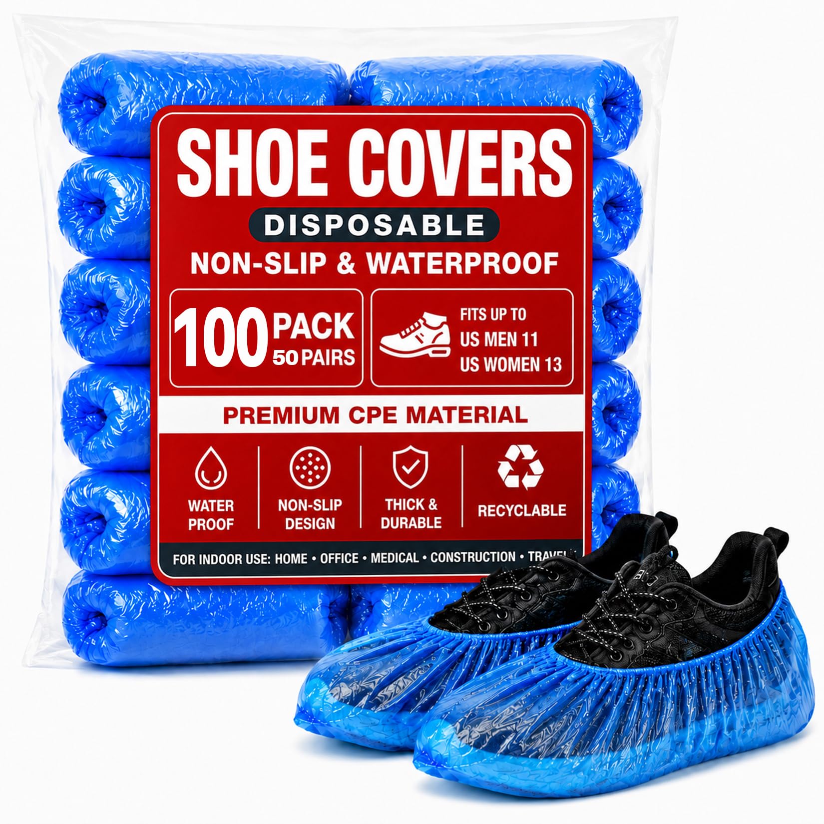 MAQIHAN 100 Pack Shoe Covers Disposable - Non Slip Plastic Booties Covers