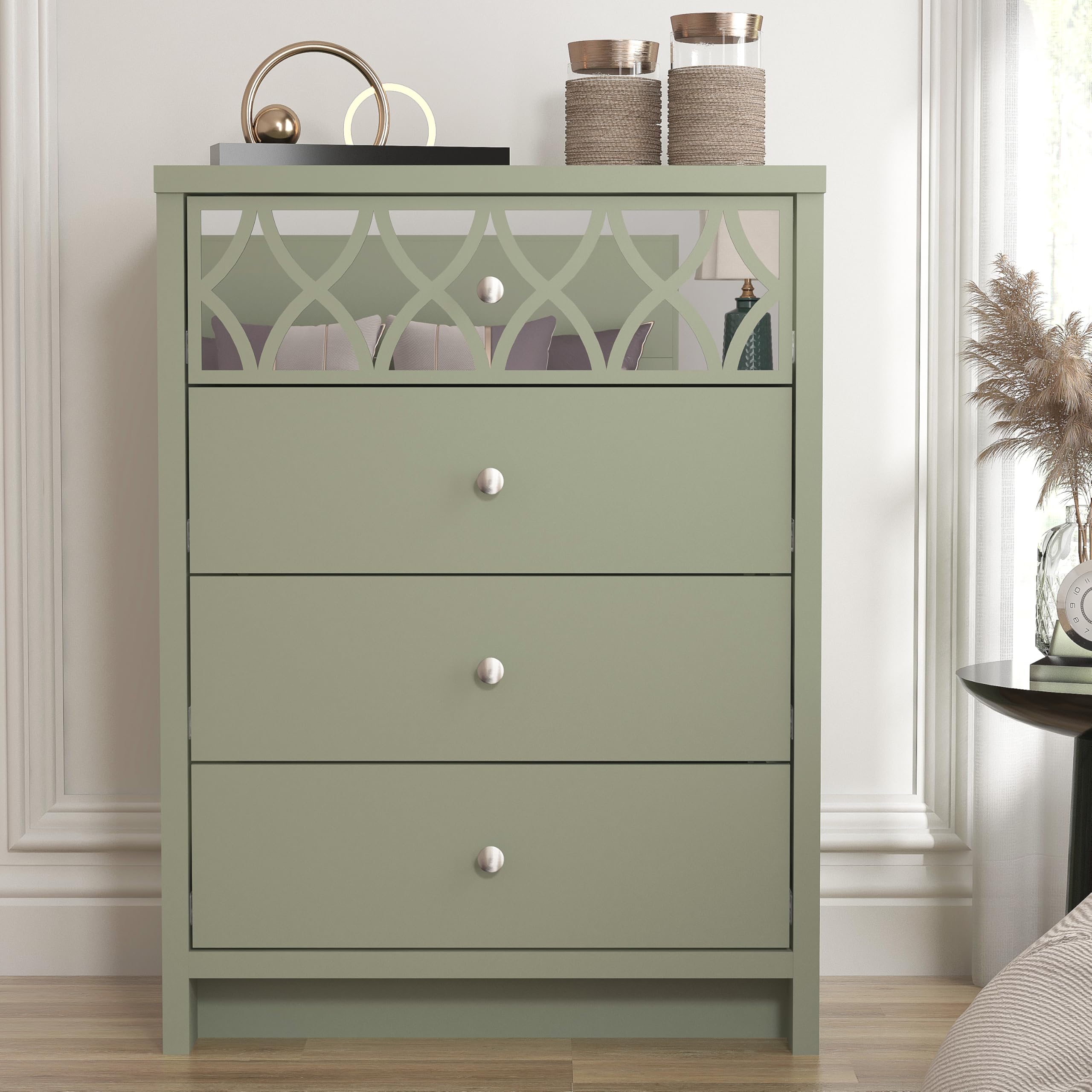 Galano Iris 4 Drawer Chest – Modern Storage Cabinet with 1 Mirrored Drawer – Organizer for Bedroom, Entryway, Hallway, or Living Room – Sage Green Finish