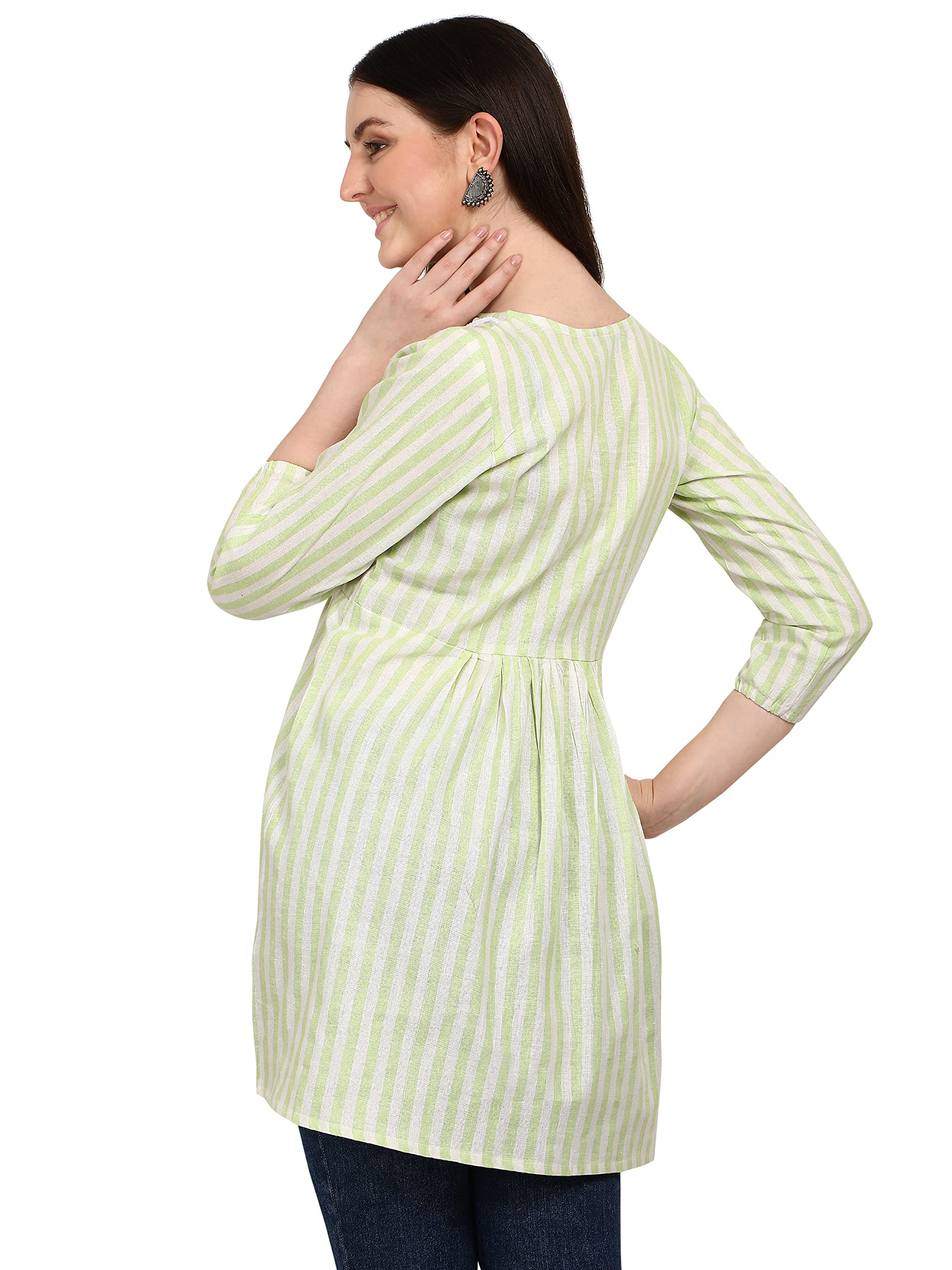 Leriya Fashion Women's Rayon Lining Design Printed Tunic Regular Short Kurti (Large, Light Green)