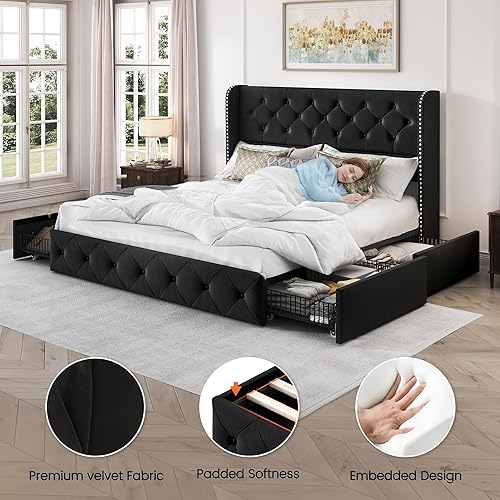 Miniatura 16 de LARMACE - Marco de cama tamaño King con 4 cajones de almacenamiento y cabecera tapizada con botones, cama de plataforma tapizada en lino con